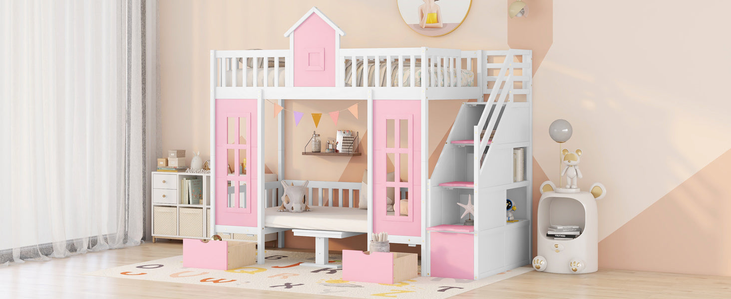 Twin Over Twin Bunk Bed With Changeable Table, Bunk Bed Turn Into Upper Bed And Down Desk Pink Twin Pink Solid Wood