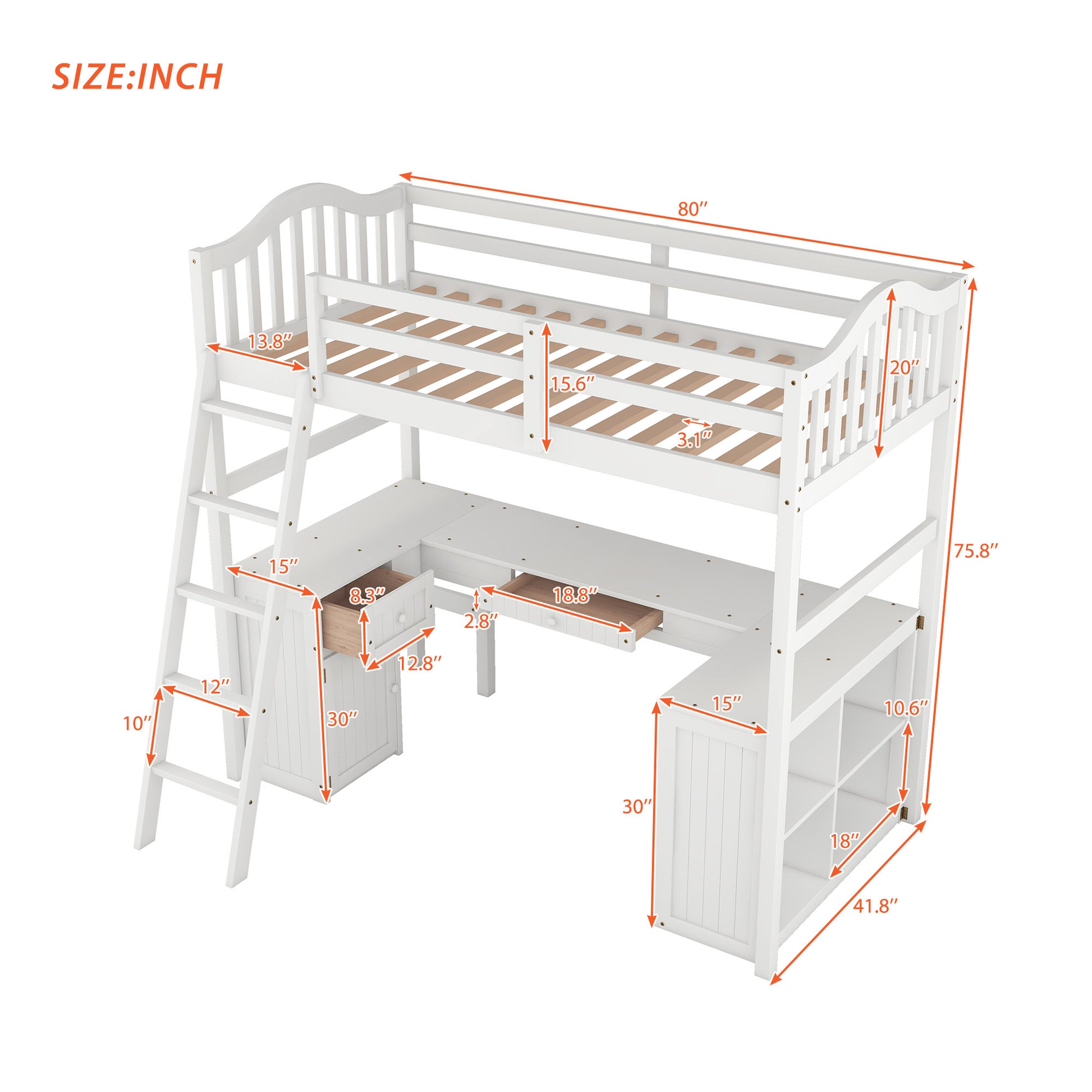 Twin Size Loft Bed With Drawers, Cabinet, Shelves And Desk, Wooden Loft Bed With Desk White Old Sku :Lt000505Aak White Solid Wood