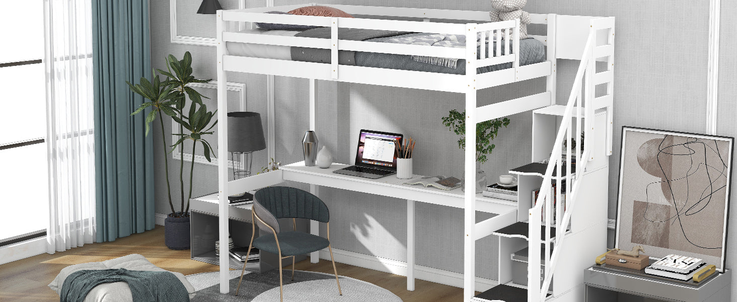 Twin Size Loft Bed With Storage Staircase And Built In Desk, White Old Sku:Gx000903Aak White Pine