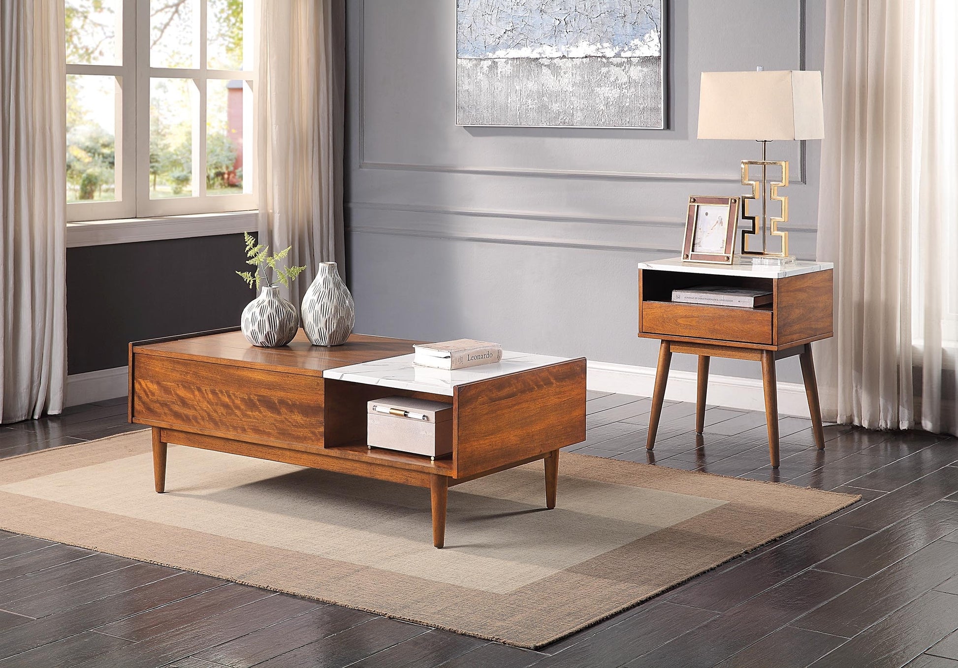 Modern Design 1Pc Lift Top Coffee Table With Faux Marble Top Home Furniture Brown Mix Solid Wood