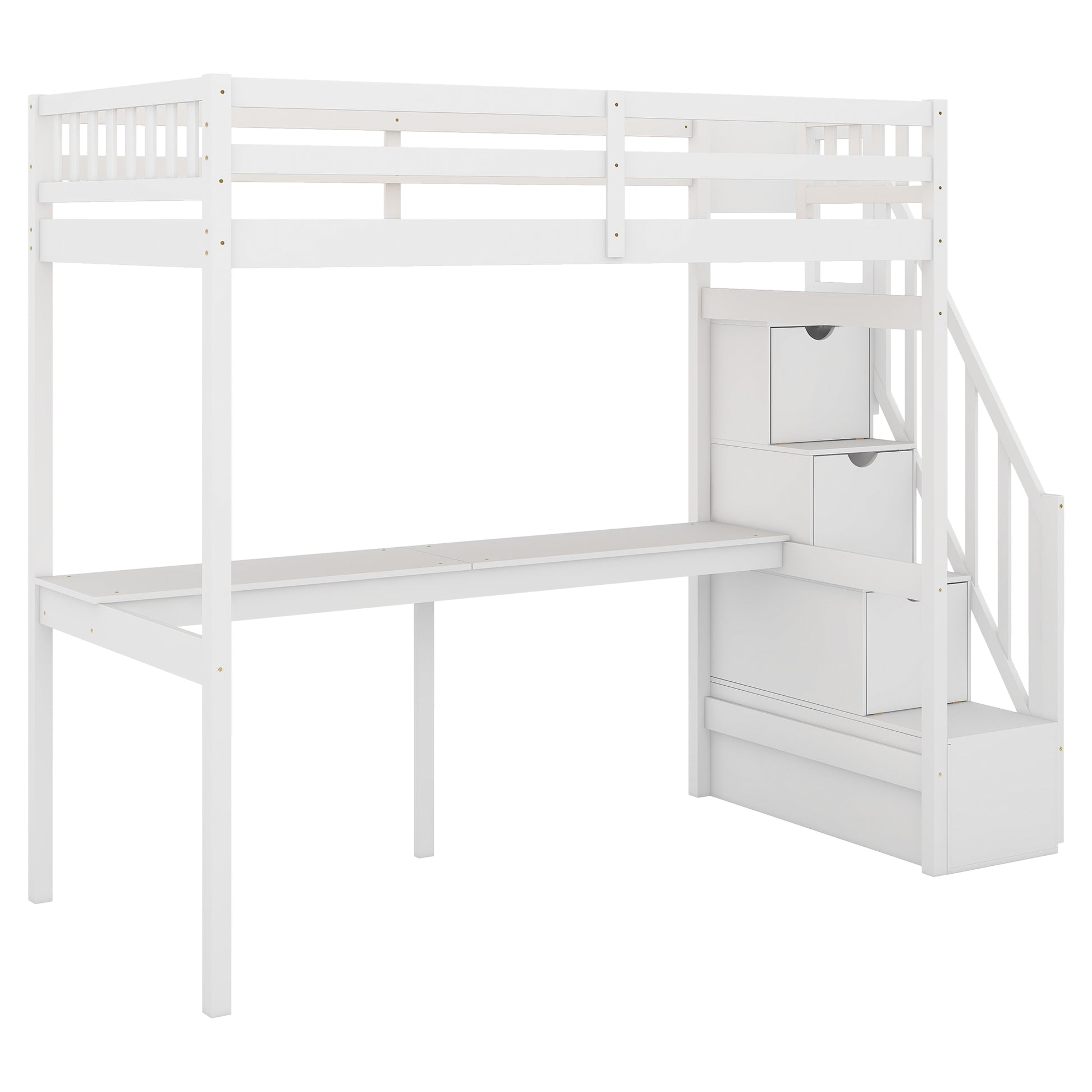 Twin Size Loft Bed With Storage Staircase And Built In Desk, White Old Sku:Gx000903Aak White Pine