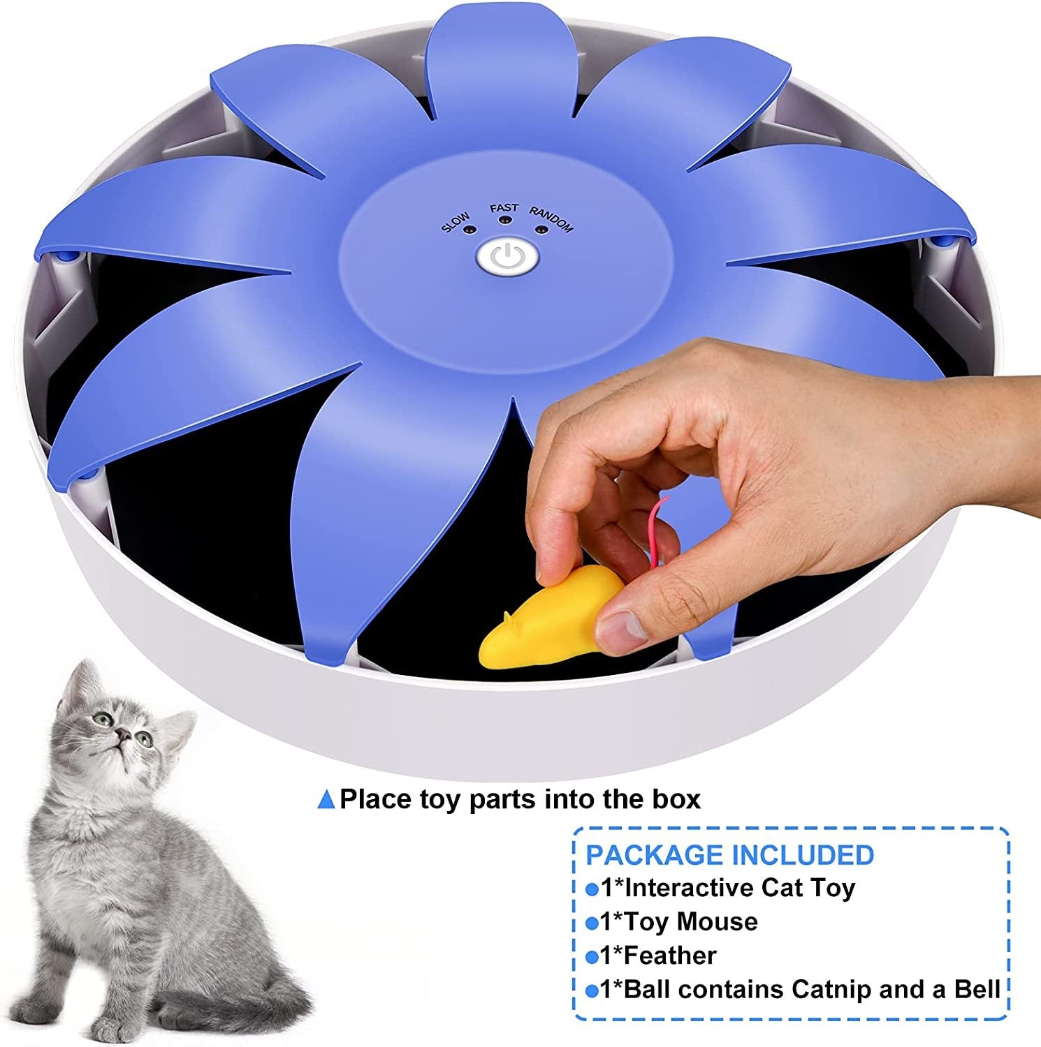 Fluffydream Automatic Electric Magnetic Spinning Cat Toys, Interactive, Rotation Cat Exercise Teaser Toy With Emulational Mouse, Fluffy Tails, Toys For Indoor Cats, Pets, 9.65 X 9.65 X 2.36 Blue Plastic