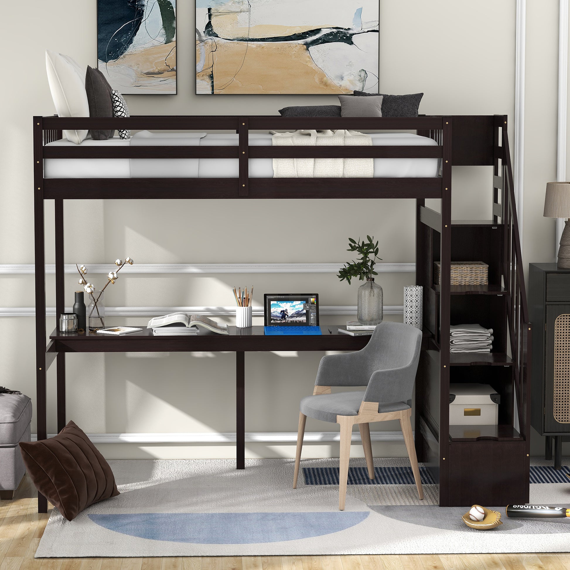 Twin Size Loft Bed With Storage Staircase And Built In Desk, Espresso Old Sku:Gx000903Aap Espresso Pine