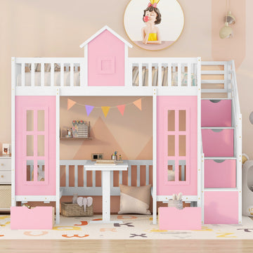 Twin Over Twin Bunk Bed With Changeable Table, Bunk Bed Turn Into Upper Bed And Down Desk Pink Twin Pink Solid Wood