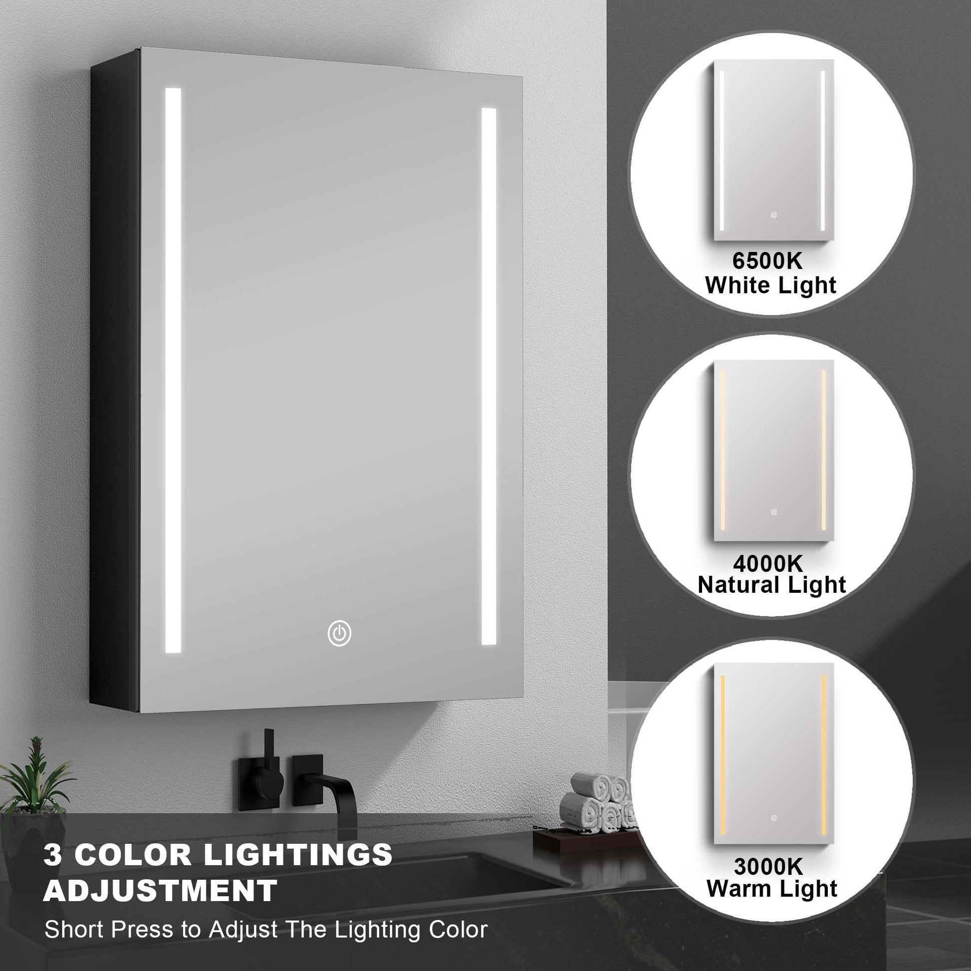 50X30 Inch Led Bathroom Medicine Cabinet Surface Mount Double Door Lighted Medicine Cabinet, Medicine Cabinets For Bathroom With Mirror Defogging, Dimmer Black Black Modern Aluminium