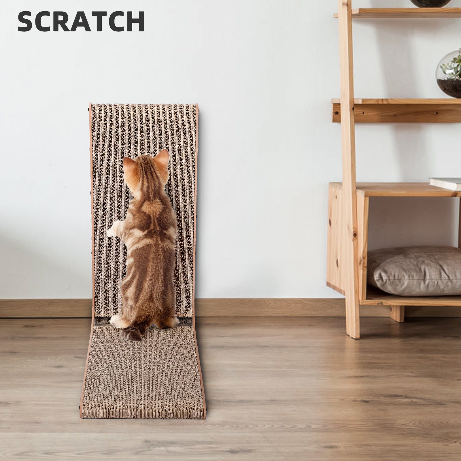 Fluffydream Cat Scratcher With Cat Toys Ball Track, Build In Ball, L Shaped Scratcher, Cardboard Lounge Bed, Stable And Durable, Furniture Protector, Reversible Brown Plywood