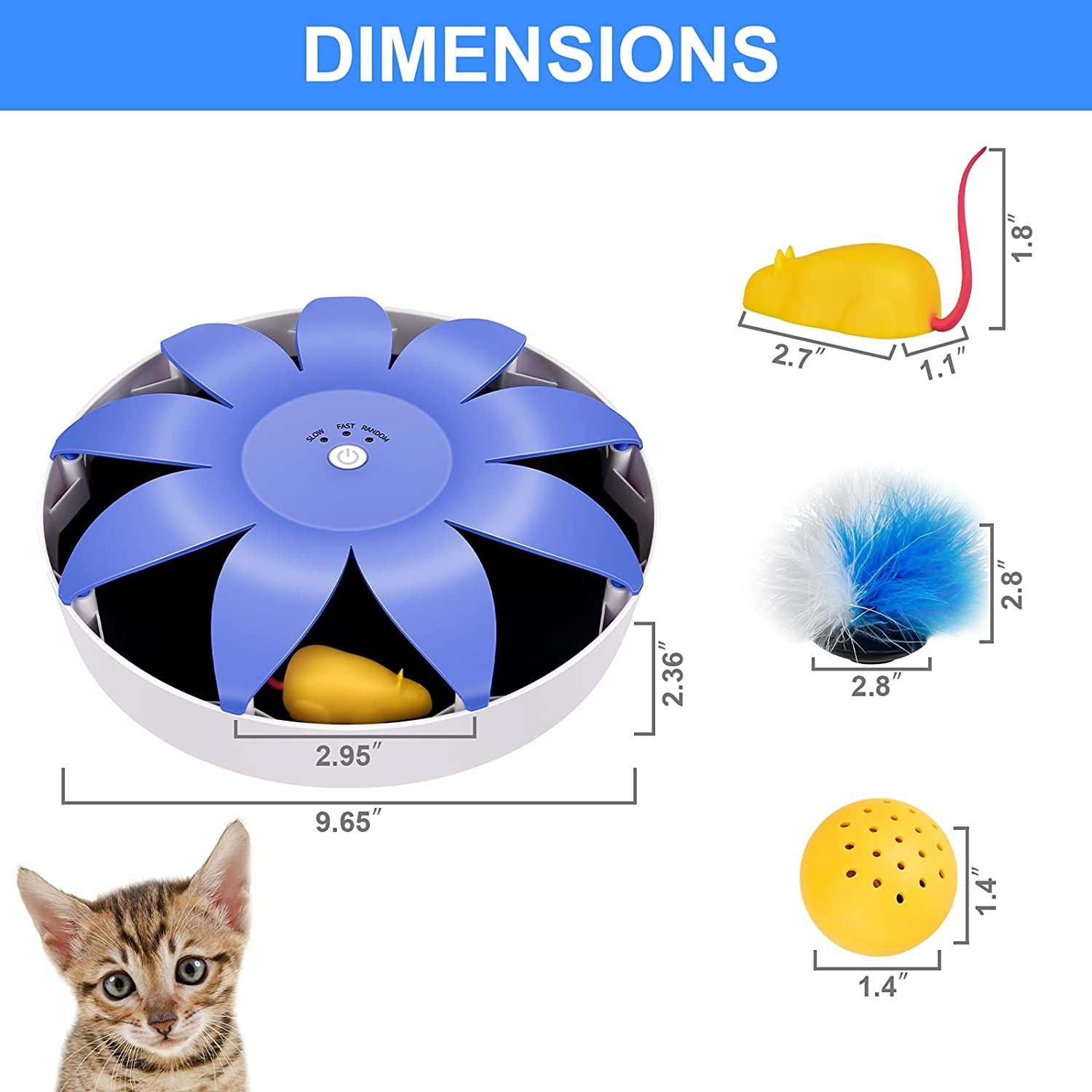 Fluffydream Automatic Electric Magnetic Spinning Cat Toys, Interactive, Rotation Cat Exercise Teaser Toy With Emulational Mouse, Fluffy Tails, Toys For Indoor Cats, Pets, 9.65 X 9.65 X 2.36 Blue Plastic