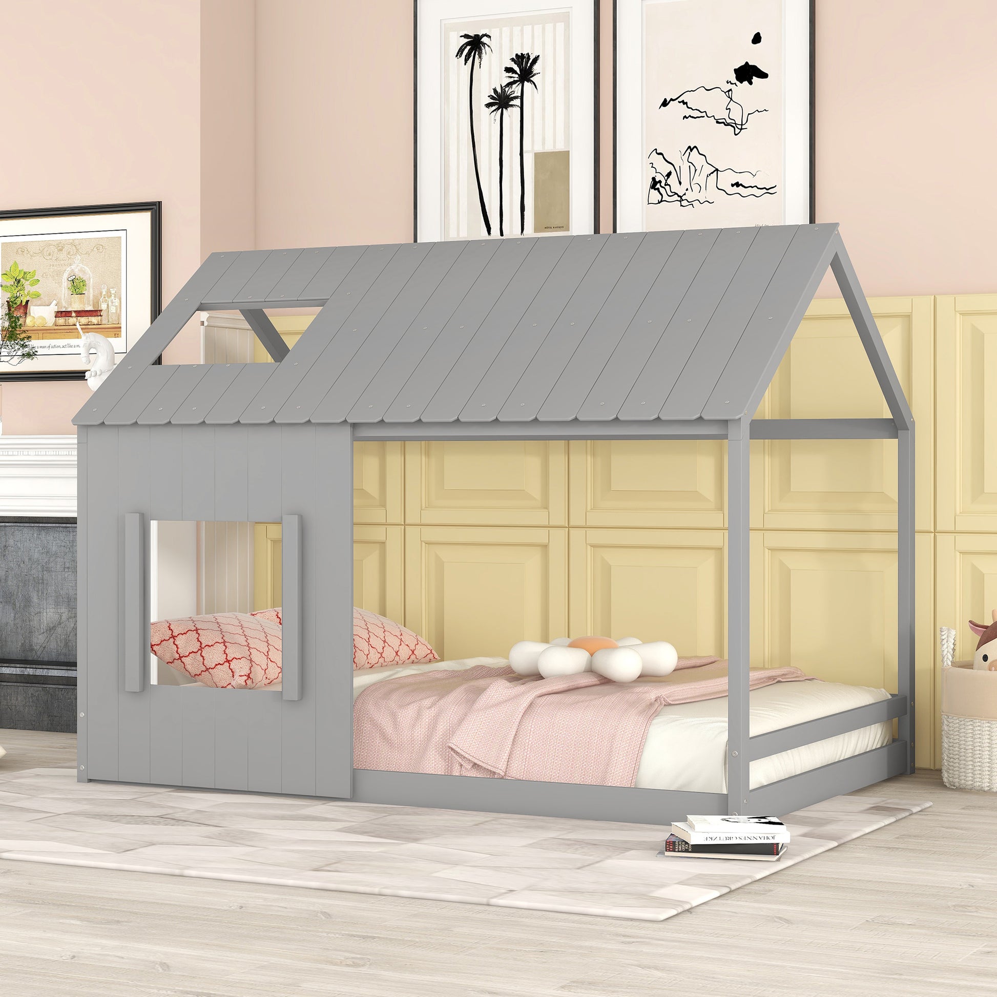 Full Size House Bed With Roof And Window Gray Gray Mdf