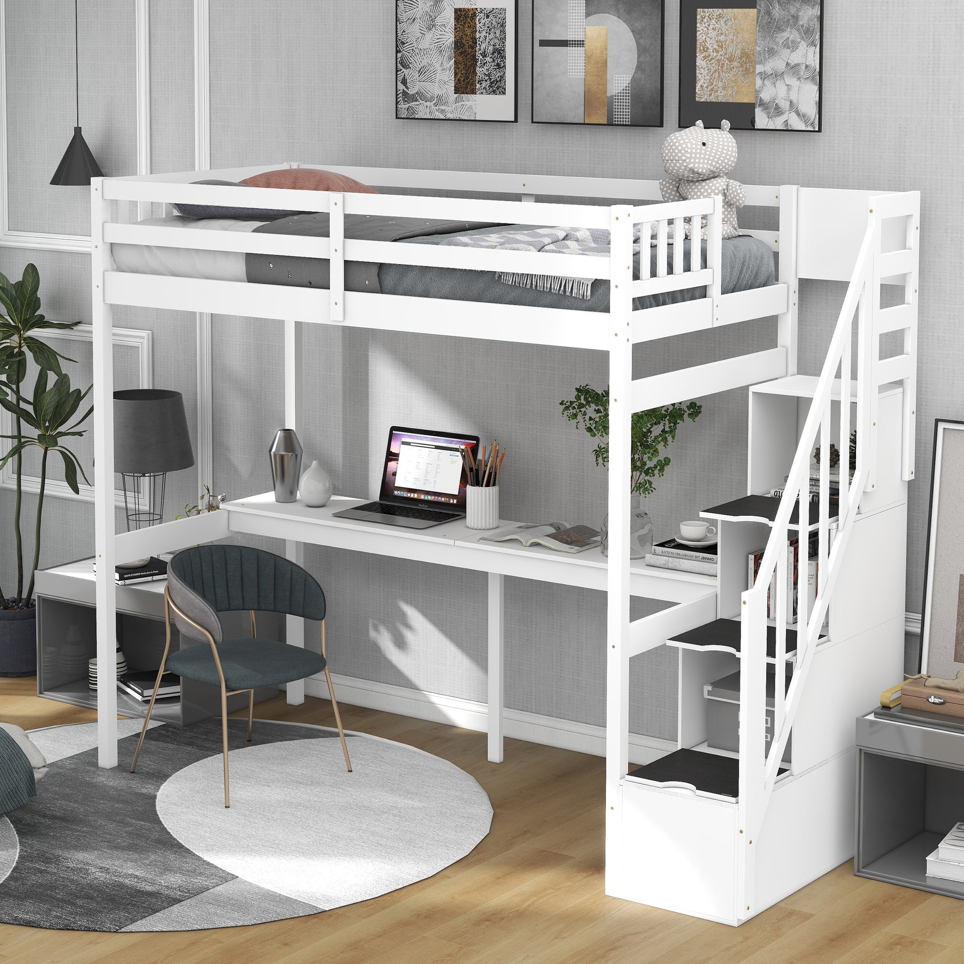 Twin Size Loft Bed With Storage Staircase And Built In Desk, White Old Sku:Gx000903Aak White Pine