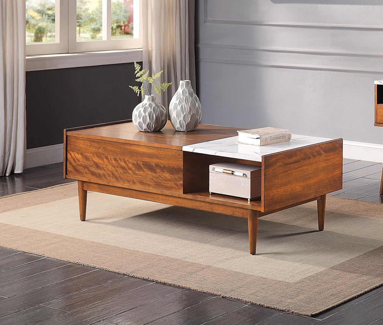 Modern Design 1Pc Lift Top Coffee Table With Faux Marble Top Home Furniture Brown Mix Solid Wood