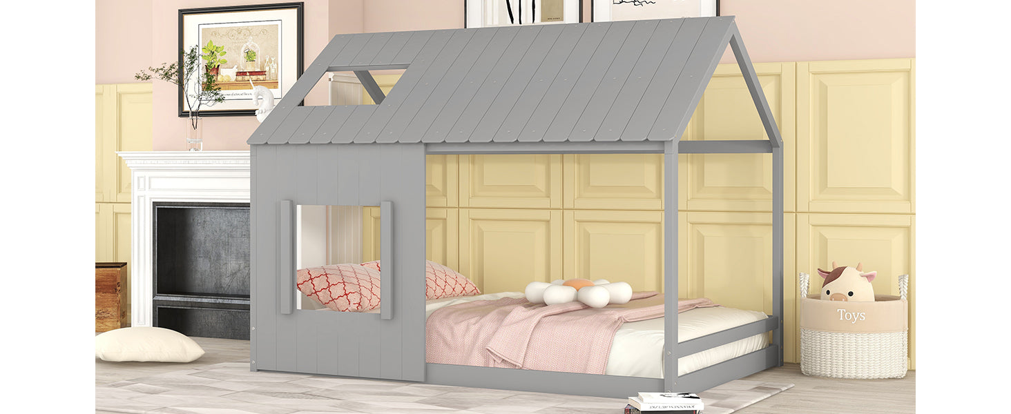 Full Size House Bed With Roof And Window Gray Gray Mdf