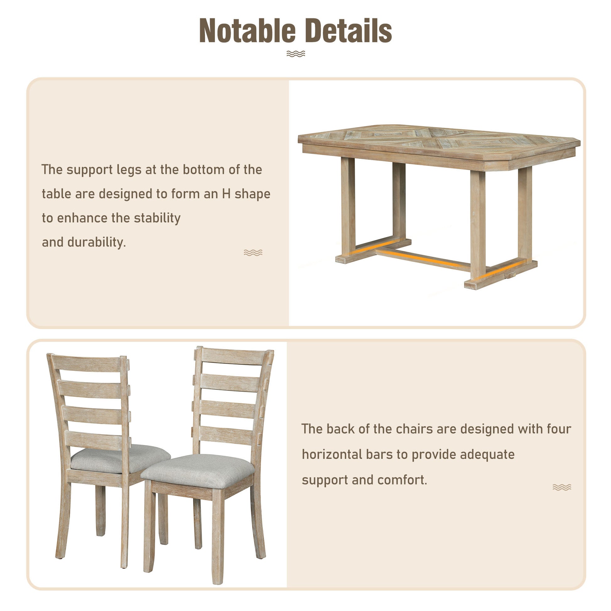 6 Piece Rubber Wood Dining Table Set With Beautiful Wood Grain Pattern Tabletop Solid Wood Veneer And Soft Cushion Natural Wood Wash Natural Wood Wash Solid Wood