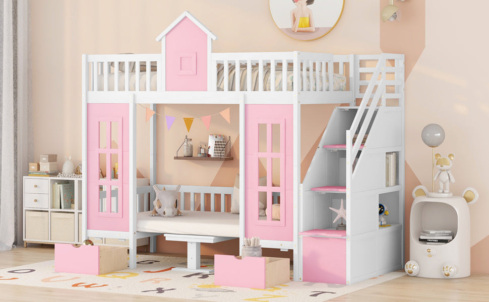 Twin Over Twin Bunk Bed With Changeable Table, Bunk Bed Turn Into Upper Bed And Down Desk Pink Twin Pink Solid Wood