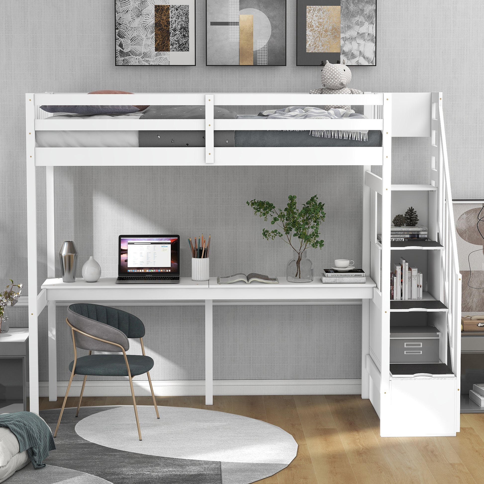 Twin Size Loft Bed With Storage Staircase And Built In Desk, White Old Sku:Gx000903Aak White Pine