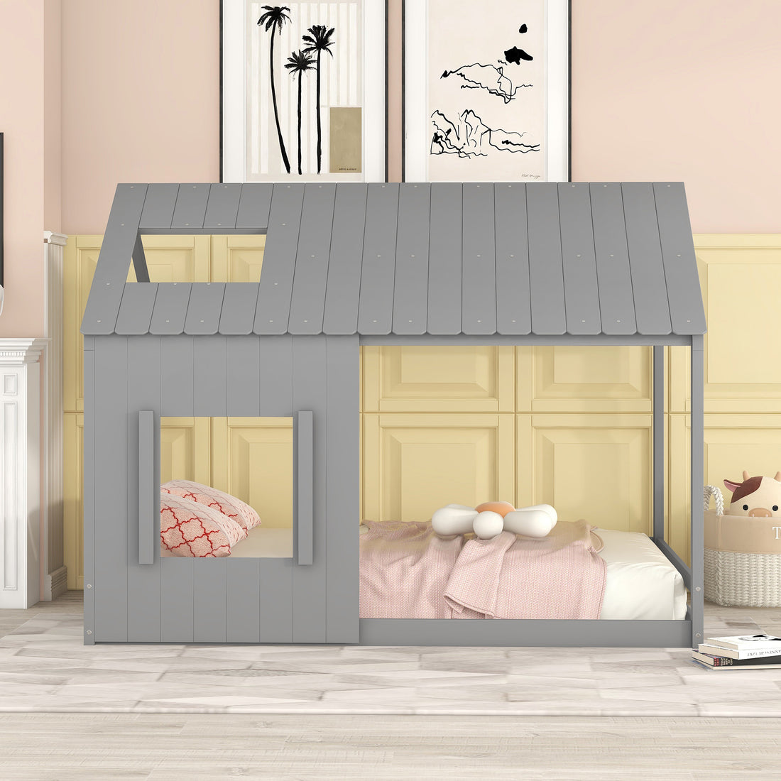 Full Size House Bed With Roof And Window Gray Gray Mdf