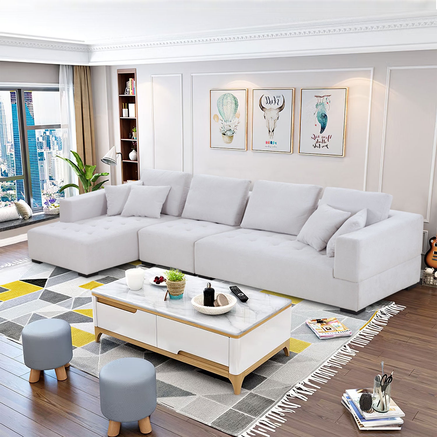 134'' Mid Century Modern Sofa L Shape Sectional Sofa Couch Left Chaise For Living Room, Beige Blue Fabric