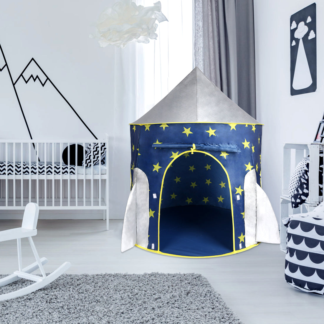 Kids Tent Rocket Space, Kids Play Tent, Unicorn Tent For Boys & Girls, Kids Playhouse, Pop Up Tents Foldable, Toddler Tent, Gift For Kids, Indoor & Outdoor, Blue, Space Theme Blue Polyester