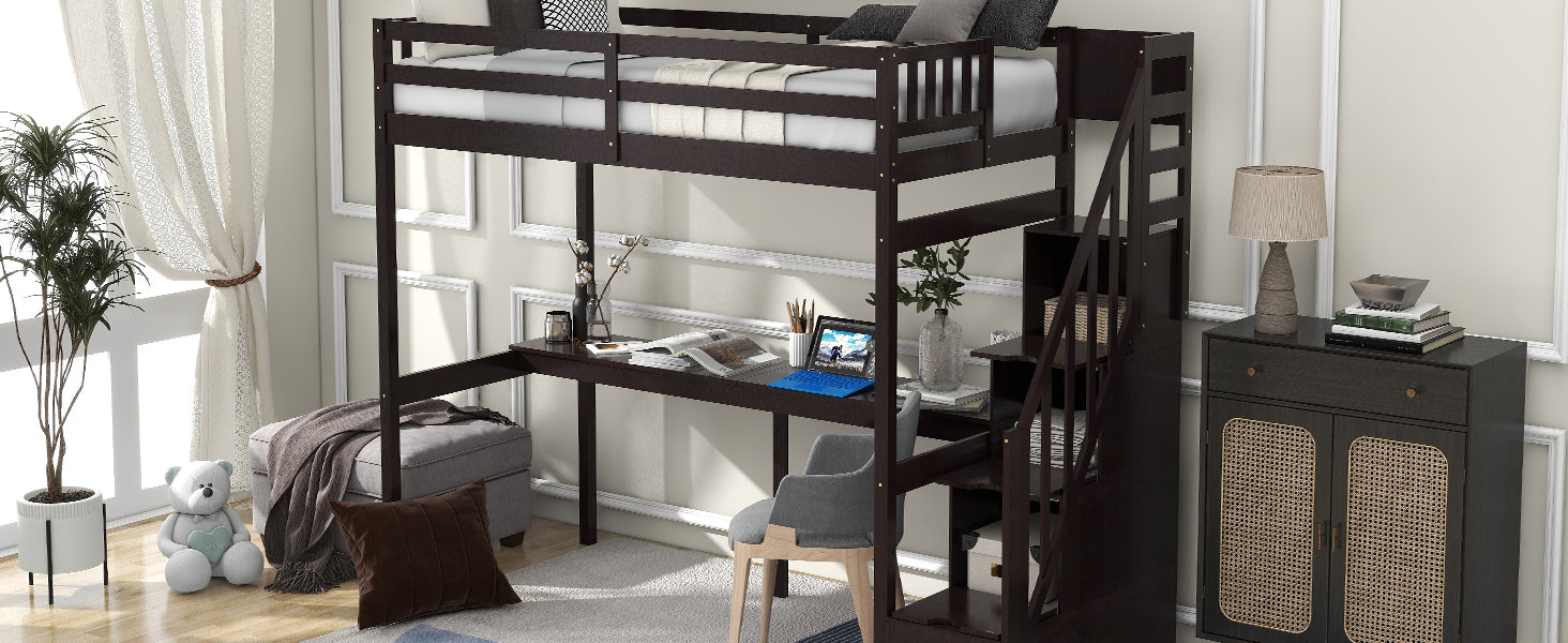 Twin Size Loft Bed With Storage Staircase And Built In Desk, Espresso Old Sku:Gx000903Aap Espresso Pine