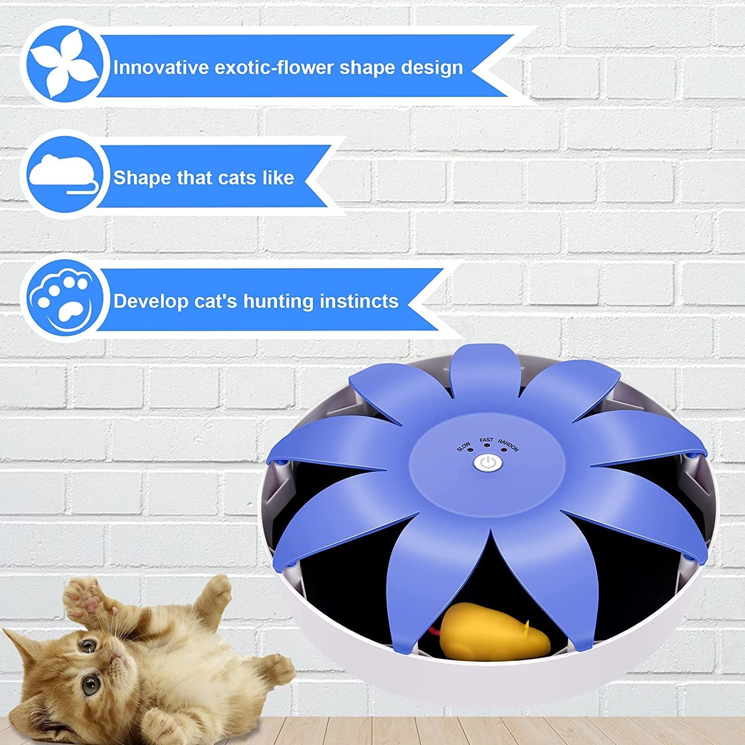 Fluffydream Automatic Electric Magnetic Spinning Cat Toys, Interactive, Rotation Cat Exercise Teaser Toy With Emulational Mouse, Fluffy Tails, Toys For Indoor Cats, Pets, 9.65 X 9.65 X 2.36 Blue Plastic