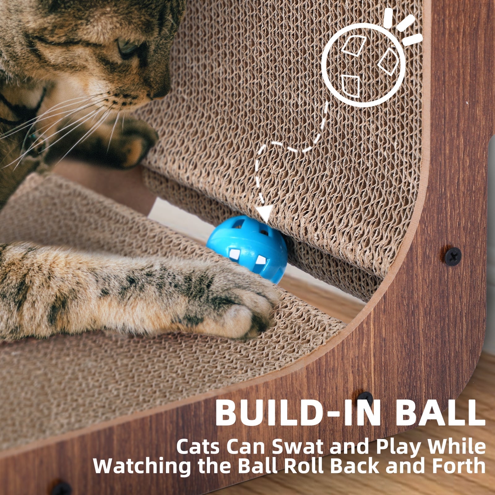 Fluffydream Cat Scratcher With Cat Toys Ball Track, Build In Ball, L Shaped Scratcher, Cardboard Lounge Bed, Stable And Durable, Furniture Protector, Reversible Brown Plywood