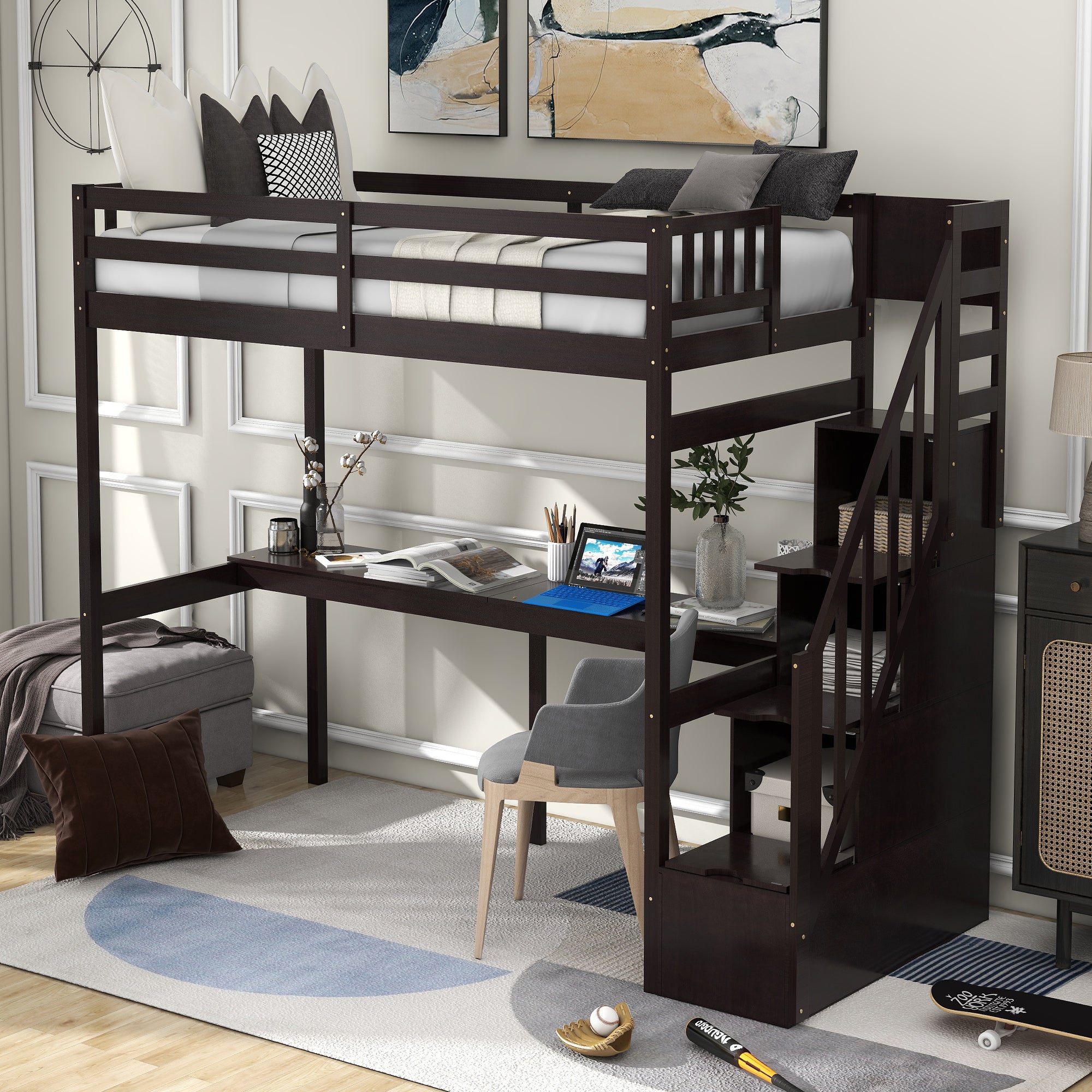 Twin Size Loft Bed With Storage Staircase And Built In Desk, Espresso Old Sku:Gx000903Aap Espresso Pine