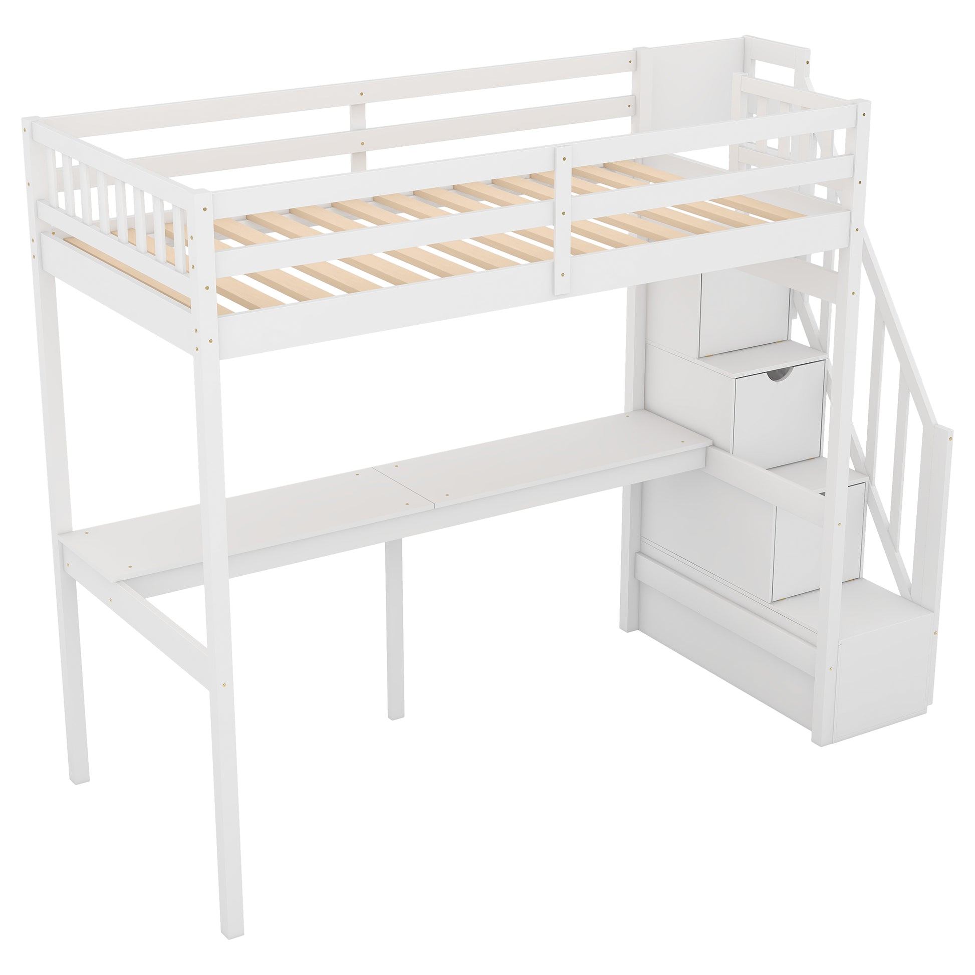 Twin Size Loft Bed With Storage Staircase And Built In Desk, White Old Sku:Gx000903Aak White Pine