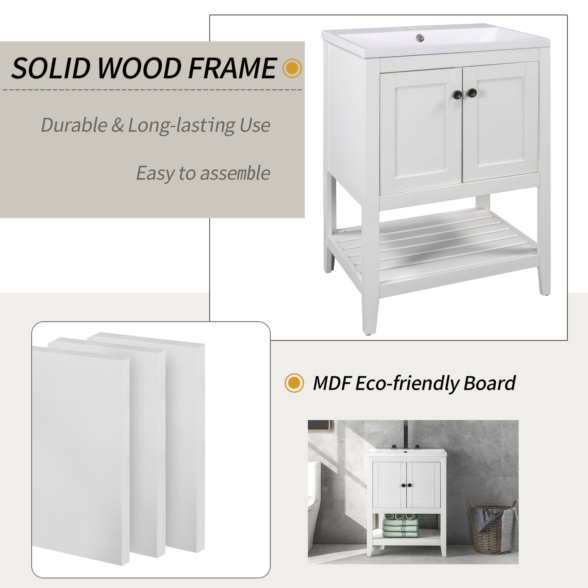 24" Bathroom Vanity Base Only, Soild Wood Frame, Bathroom Storage Cabinet With Doors And Open Shelf, White White Solid Wood Mdf