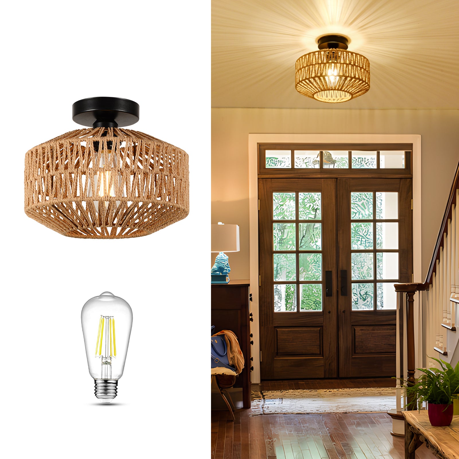 Mini Rattan Flush Mount Light With Dimmable Led Bulb Brown Rattan