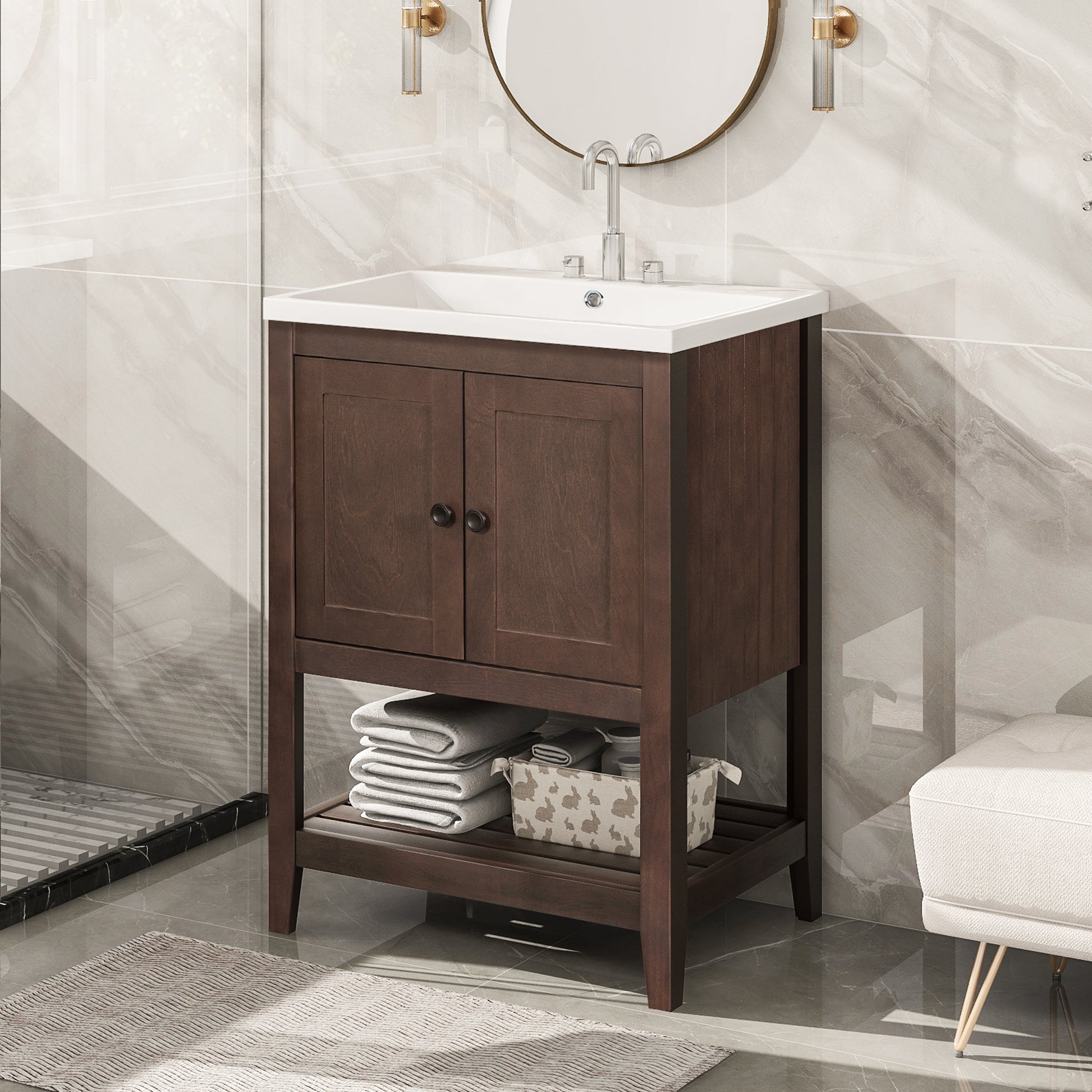 Video 24" Brown Modern Sleek Bathroom Vanity Elegant Ceramic Sink With Solid Wood Frame Open Style Shelf Old Sku: Jl000004Aad Brown Solid Wood Mdf