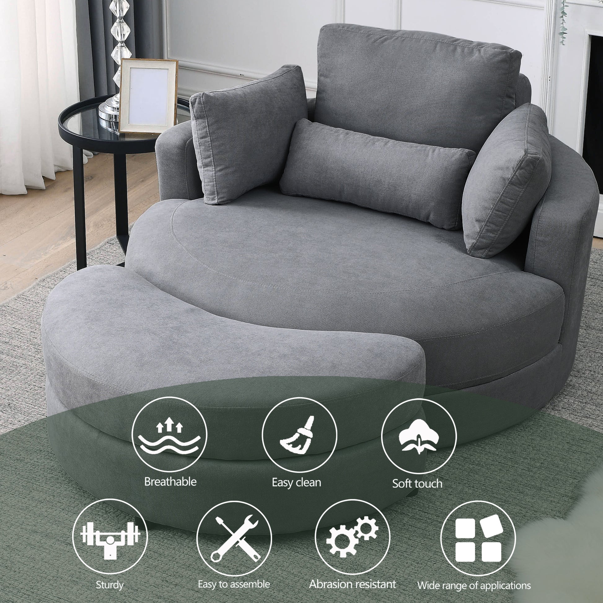 Video Welike Swivel Accent Barrel Modern Dark Grey Sofa Lounge Club Big Round Chair With Storage Ottoman Linen Fabric For Living Room Hotel With Pillows Dark Grey Foam Fabric