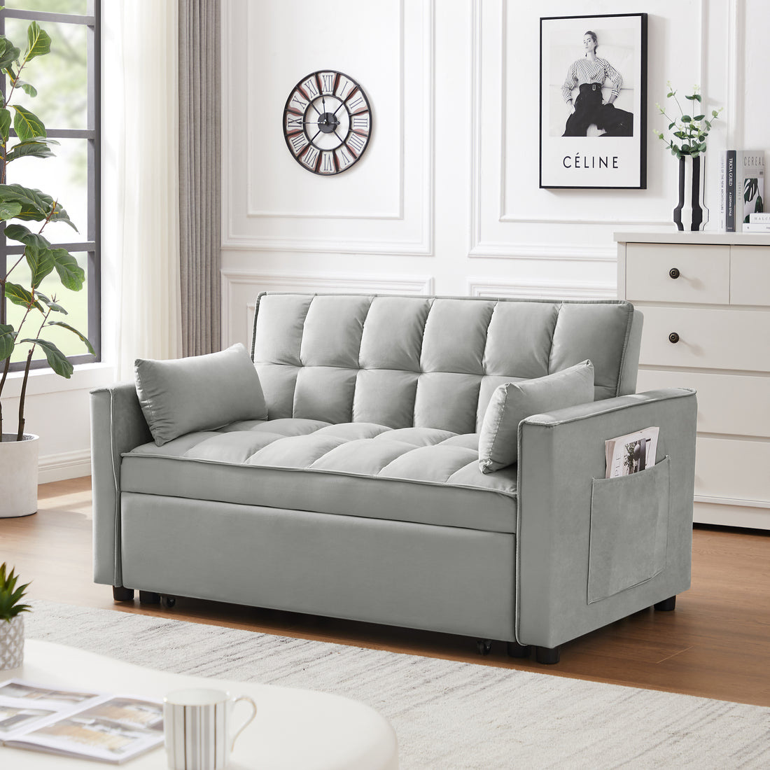 Modern Velvet Loveseat Futon Sofa Couch W Pullout Bed,Small Beautiful Seat Lounge Sofa W Reclining Backrest,Toss Pillows, Pockets,Furniture For Living Room,3 In 1 Convertible Sleeper Sofa Bed, Gray Gray Velvet 2 Seat