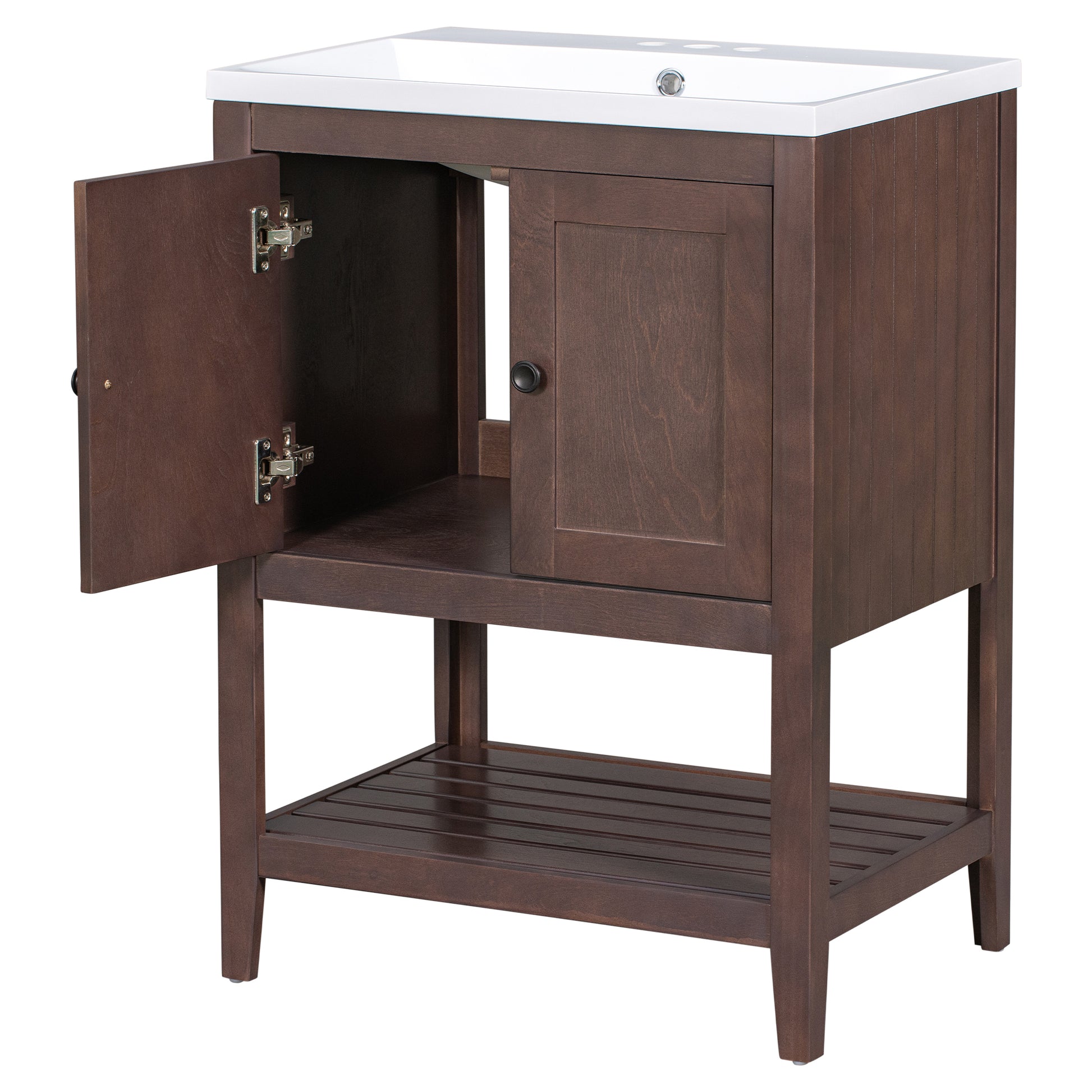 Video 24" Brown Modern Sleek Bathroom Vanity Elegant Ceramic Sink With Solid Wood Frame Open Style Shelf Old Sku: Jl000004Aad Brown Solid Wood Mdf