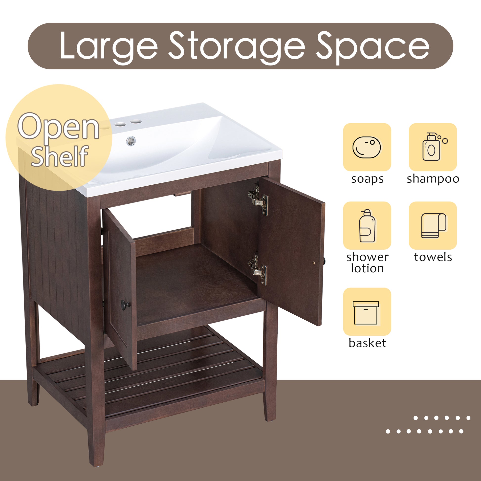 Video 24" Brown Modern Sleek Bathroom Vanity Elegant Ceramic Sink With Solid Wood Frame Open Style Shelf Brown Solid Wood Mdf