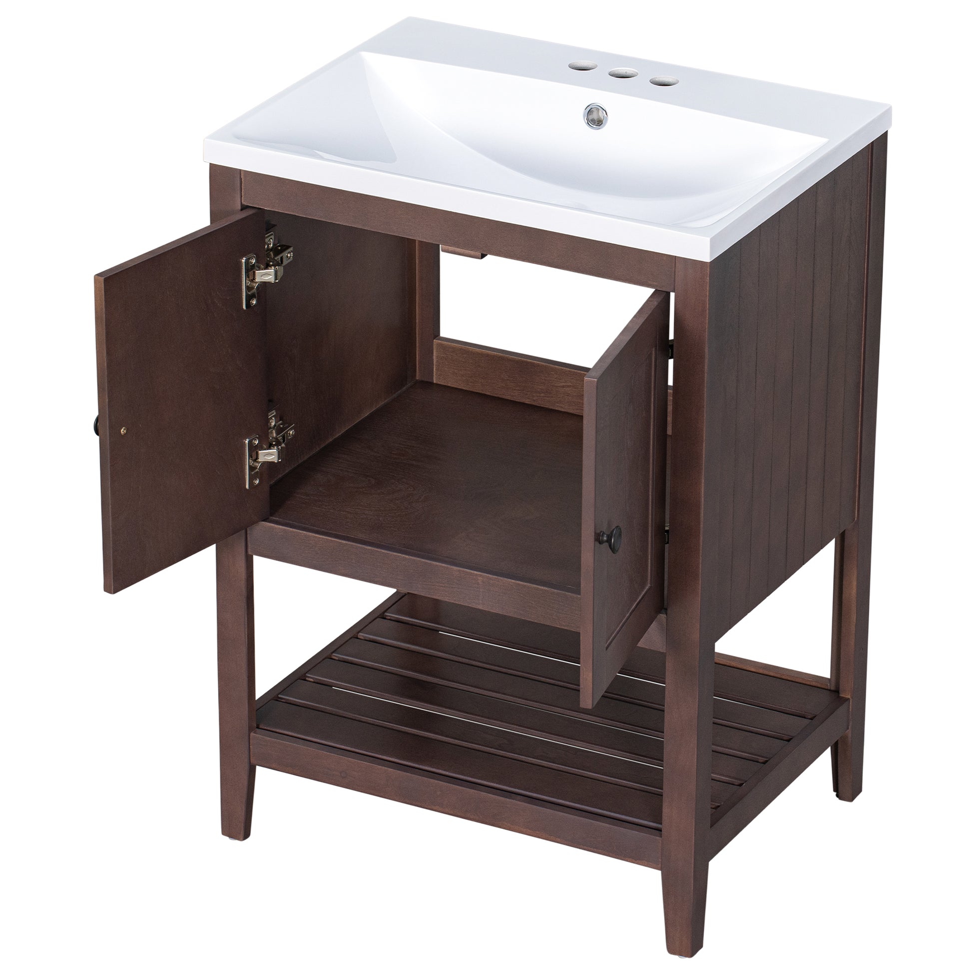 Video 24" Brown Modern Sleek Bathroom Vanity Elegant Ceramic Sink With Solid Wood Frame Open Style Shelf Old Sku: Jl000004Aad Brown Solid Wood Mdf