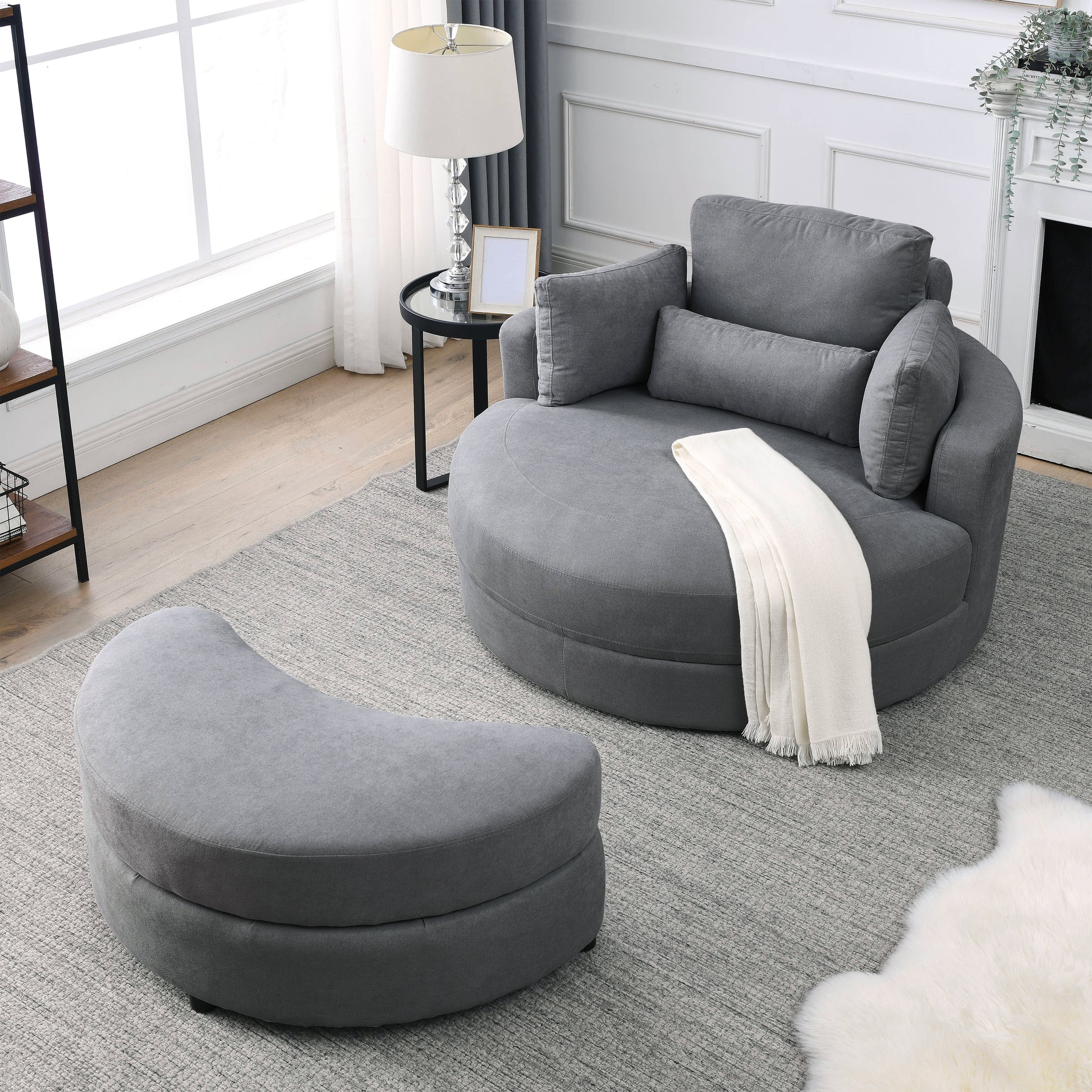 Video Welike Swivel Accent Barrel Modern Dark Grey Sofa Lounge Club Big Round Chair With Storage Ottoman Linen Fabric For Living Room Hotel With Pillows,2Pcs. Dark Grey Foam Fabric