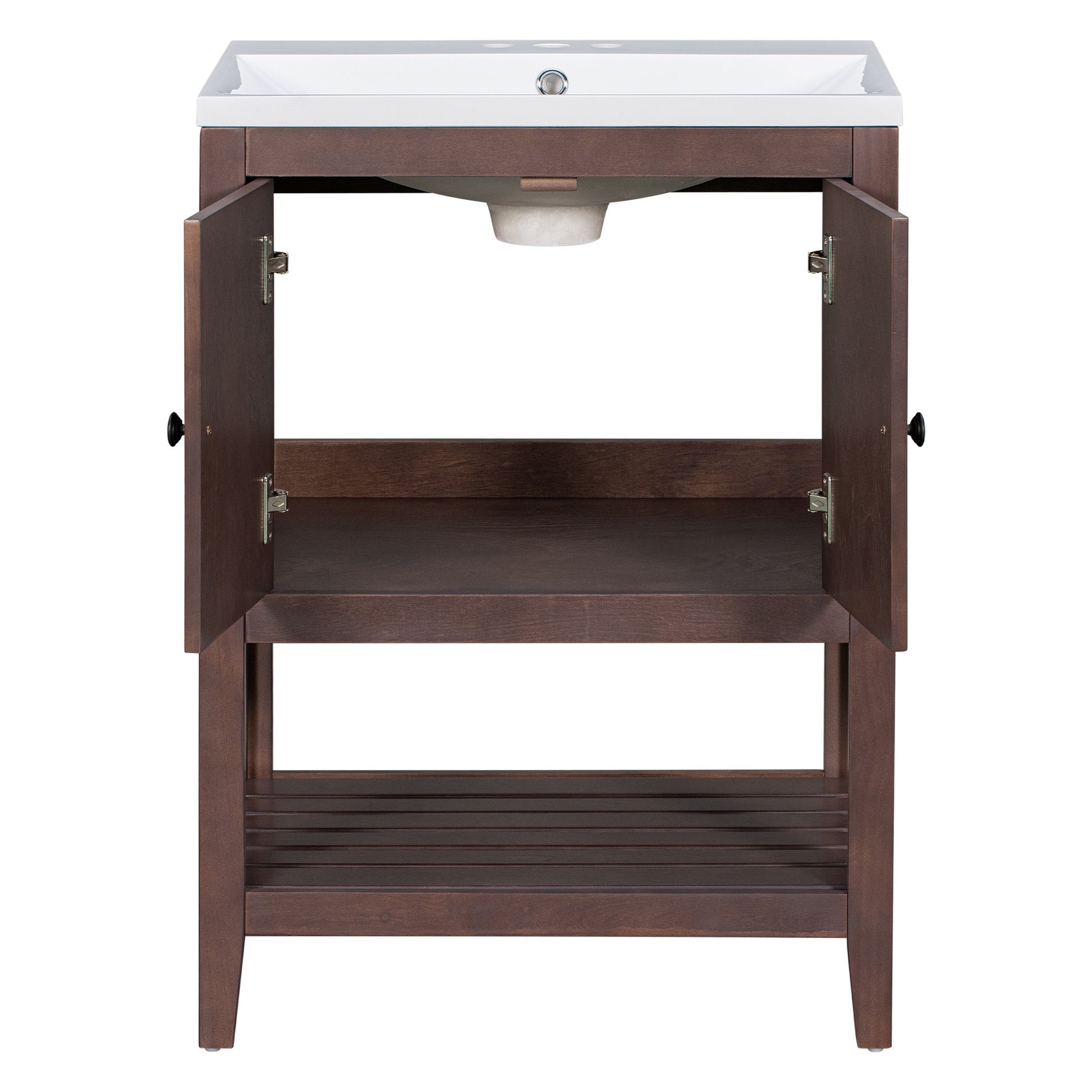 Video 24" Brown Modern Sleek Bathroom Vanity Elegant Ceramic Sink With Solid Wood Frame Open Style Shelf Old Sku: Jl000004Aad Brown Solid Wood Mdf