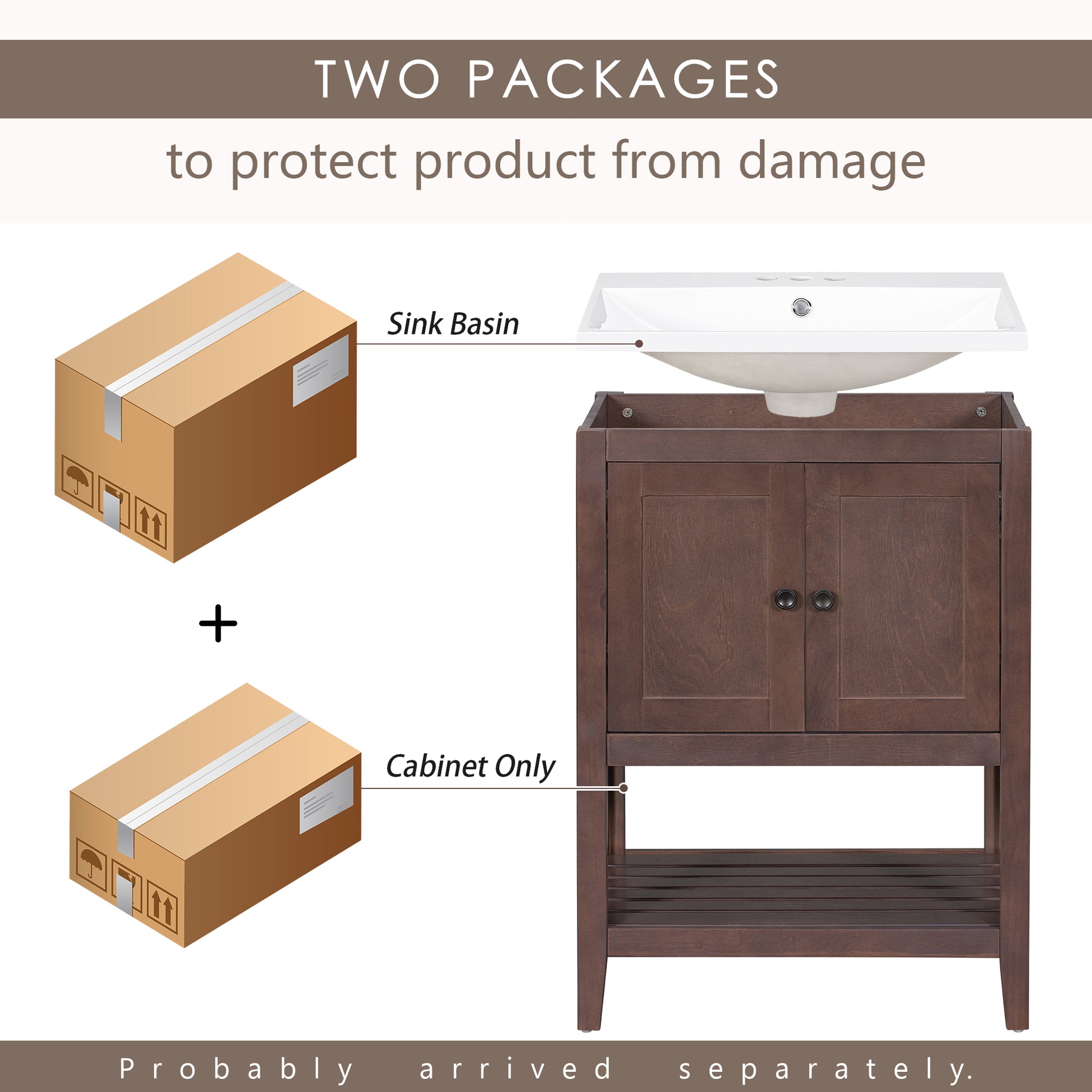 Video 24" Brown Modern Sleek Bathroom Vanity Elegant Ceramic Sink With Solid Wood Frame Open Style Shelf Brown Solid Wood Mdf