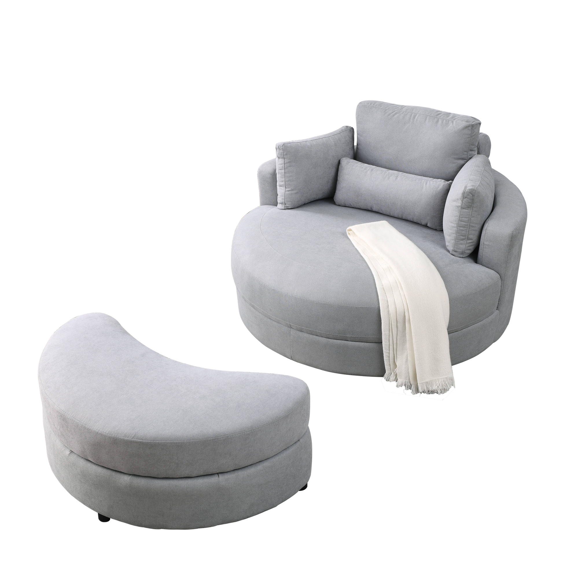 Video Welike Swivel Accent Barrel Modern Grey Sofa Lounge Club Big Round Chair With Storage Ottoman Linen Fabric For Living Room Hotel With Pillows .2Pcs Light Grey Foam Fabric