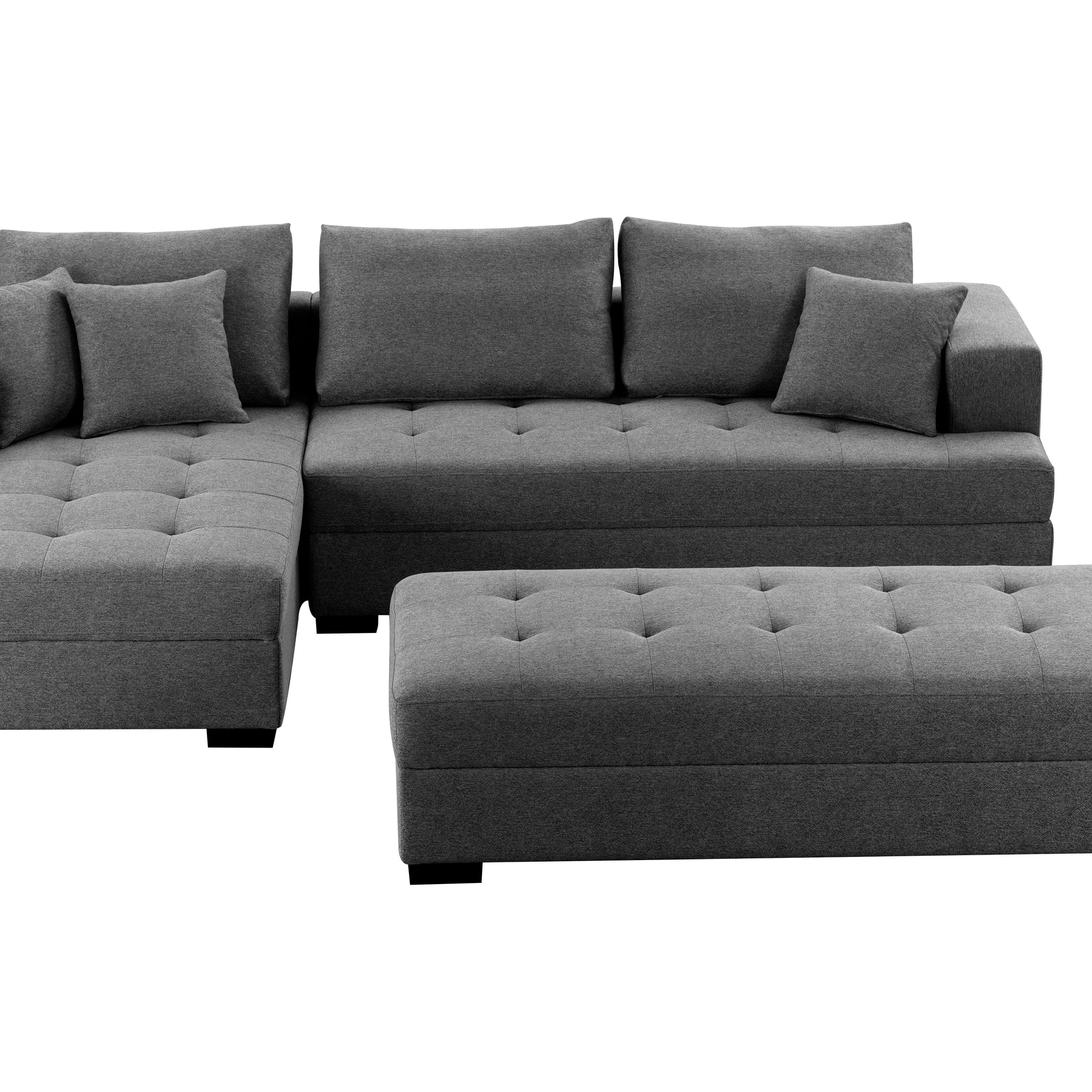 111'' Tufted Fabric 3 Seat L Shape Sectional Sofa Couch Set W Chaise Lounge, Ottoman Coffee Table Bench, Dark Grey Dark Grey Fabric