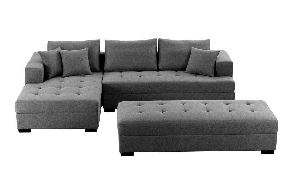 111'' Tufted Fabric 3 Seat L Shape Sectional Sofa Couch Set W Chaise Lounge, Ottoman Coffee Table Bench, Dark Grey Dark Grey Fabric