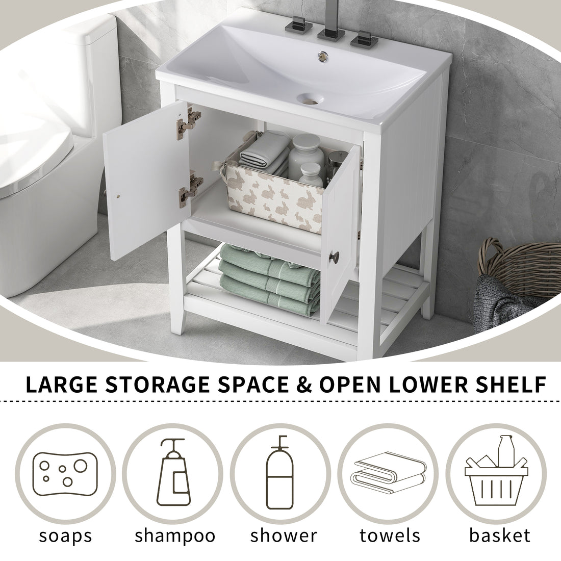 24" Bathroom Vanity Base Only, Soild Wood Frame, Bathroom Storage Cabinet With Doors And Open Shelf, White White Solid Wood Mdf