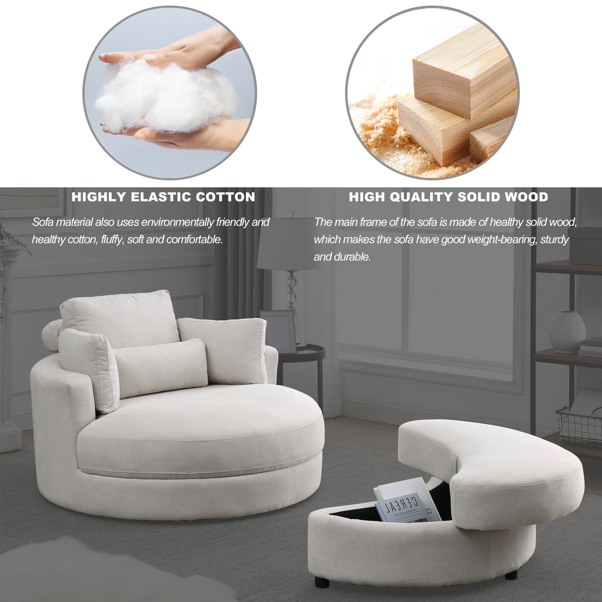 Video Welike Swivel Accent Barrel Modern Sofa Lounge Club Big Round Chair With Storage Ottoman Linen Fabric For Living Room Hotel With Pillows . *2Pcs Beige Foam Fabric