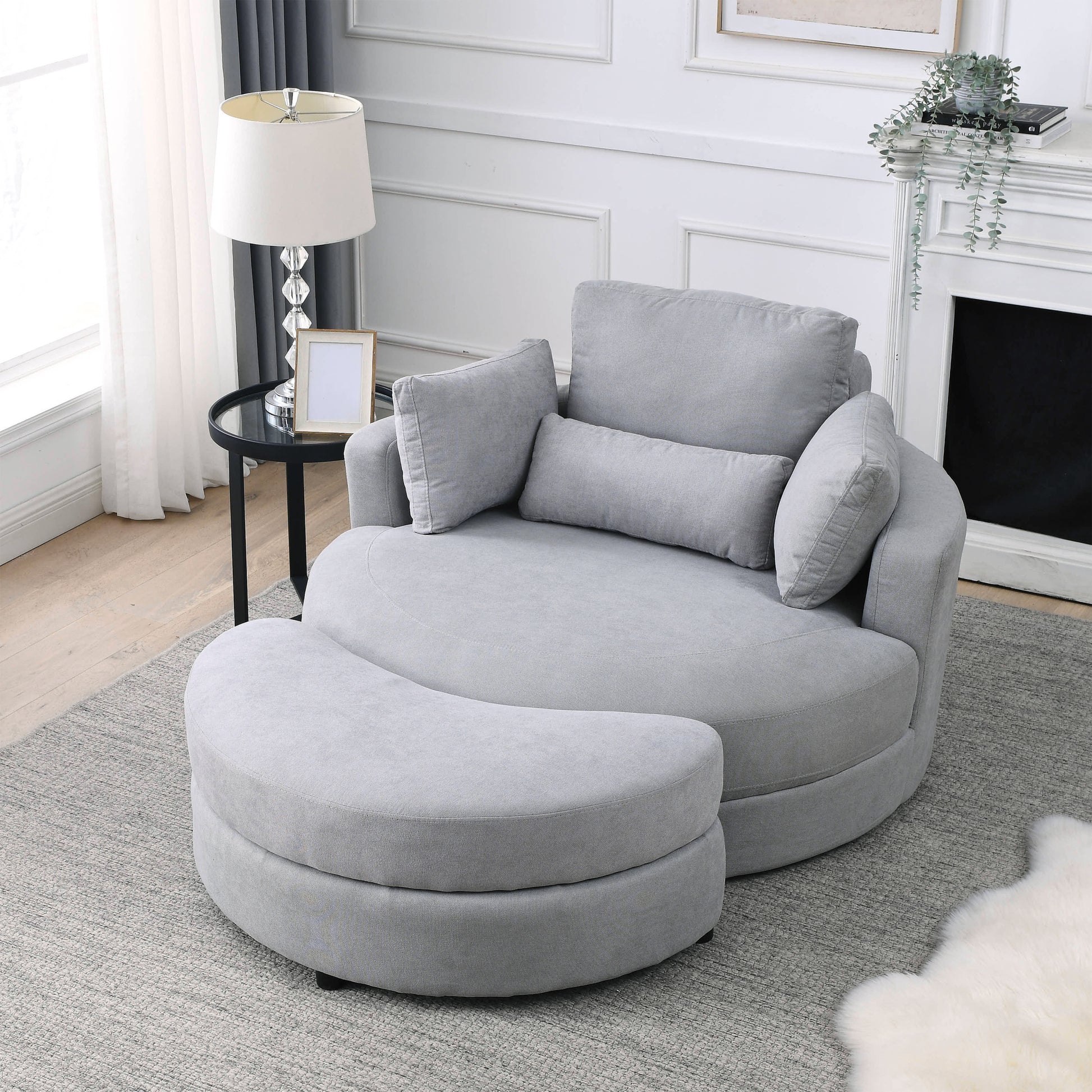 Video Welike Swivel Accent Barrel Modern Grey Sofa Lounge Club Big Round Chair With Storage Ottoman Linen Fabric For Living Room Hotel With Pillows .2Pcs Light Grey Foam Fabric