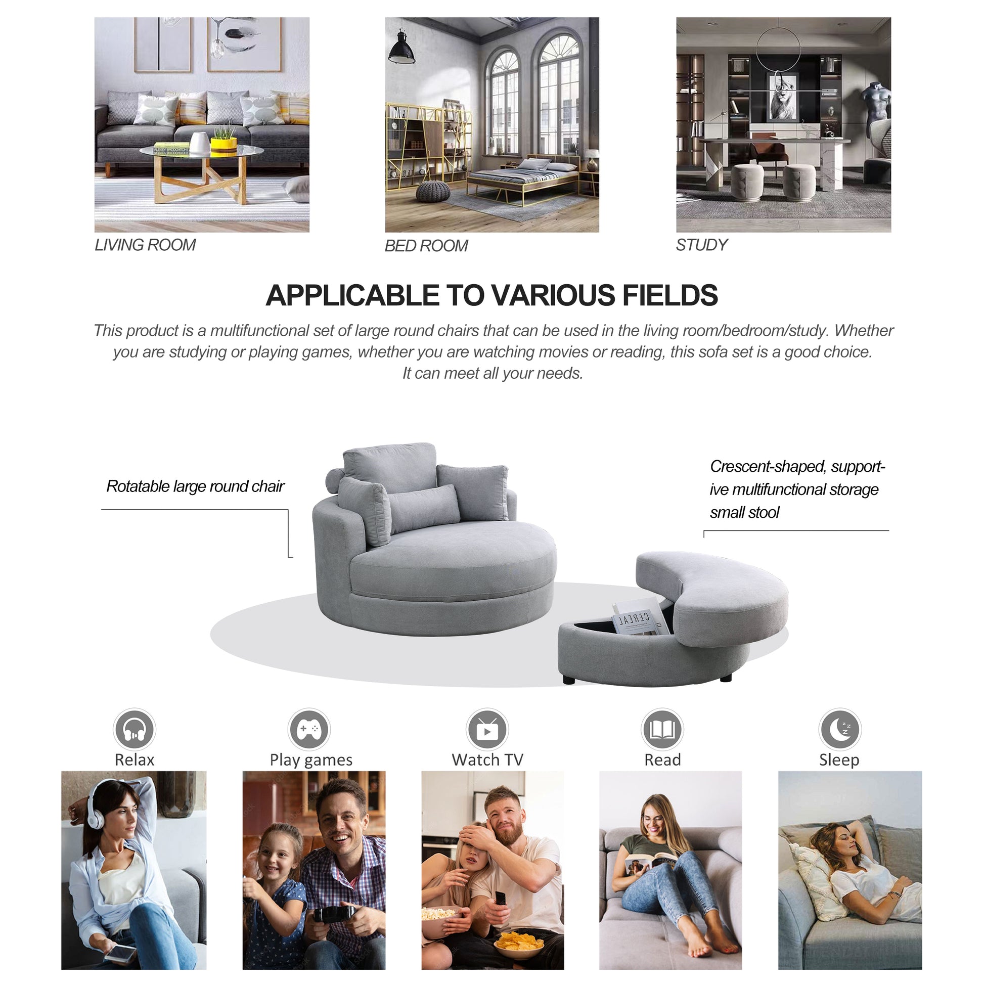 Video Welike Swivel Accent Barrel Modern Grey Sofa Lounge Club Big Round Chair With Storage Ottoman Linen Fabric For Living Room Hotel With Pillows .2Pcs Light Grey Foam Fabric