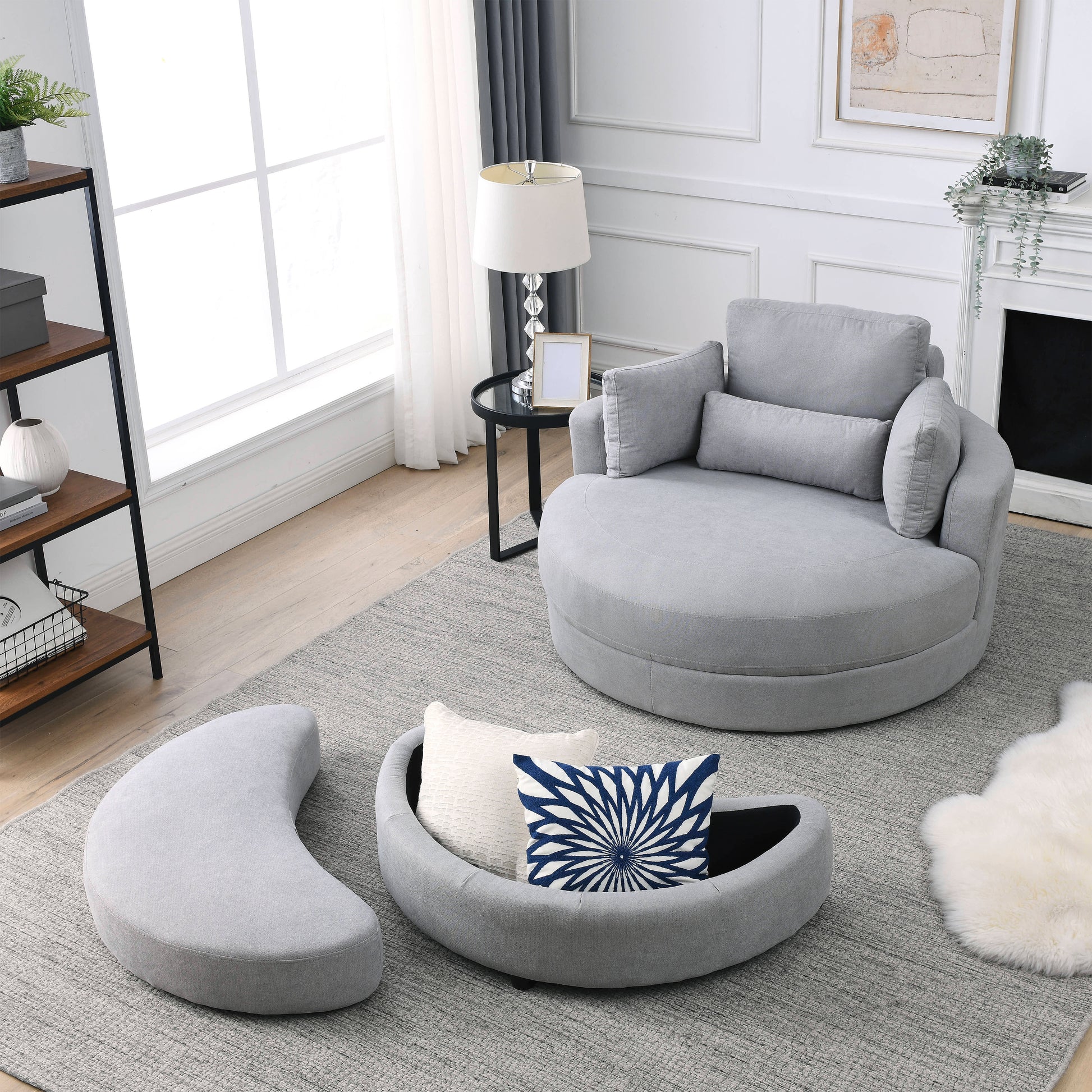Video Welike Swivel Accent Barrel Modern Grey Sofa Lounge Club Big Round Chair With Storage Ottoman Linen Fabric For Living Room Hotel With Pillows Light Grey Foam Fabric