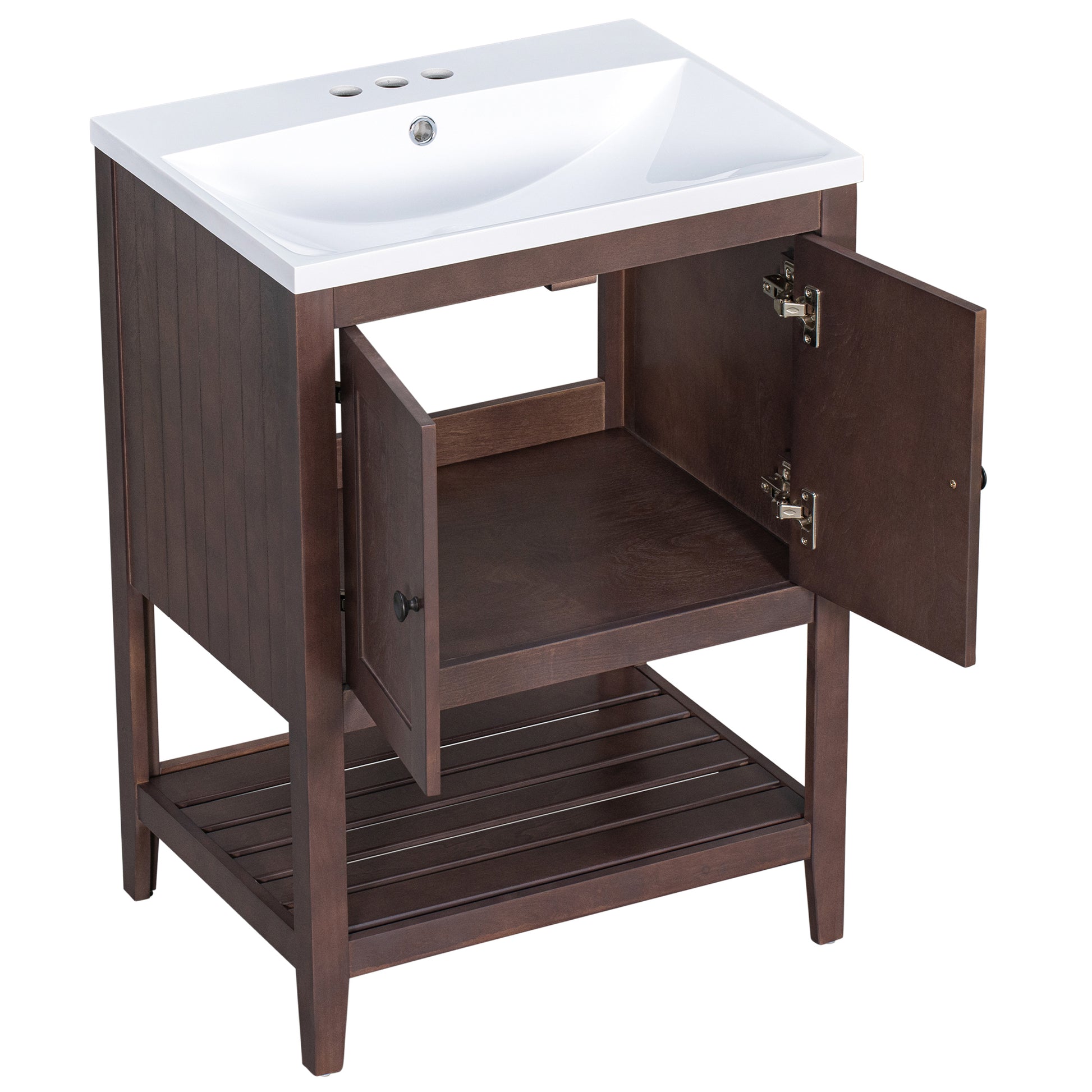 Video 24" Brown Modern Sleek Bathroom Vanity Elegant Ceramic Sink With Solid Wood Frame Open Style Shelf Old Sku: Jl000004Aad Brown Solid Wood Mdf