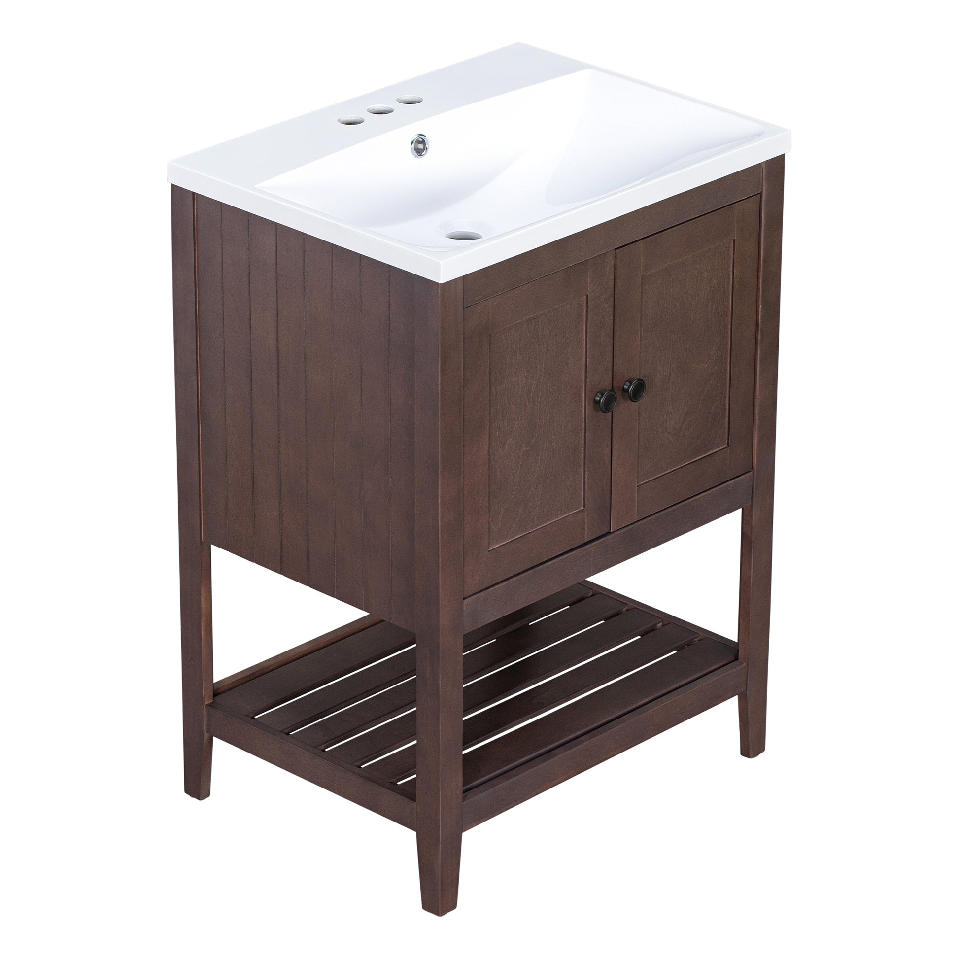 Video 24" Brown Modern Sleek Bathroom Vanity Elegant Ceramic Sink With Solid Wood Frame Open Style Shelf Old Sku: Jl000004Aad Brown Solid Wood Mdf