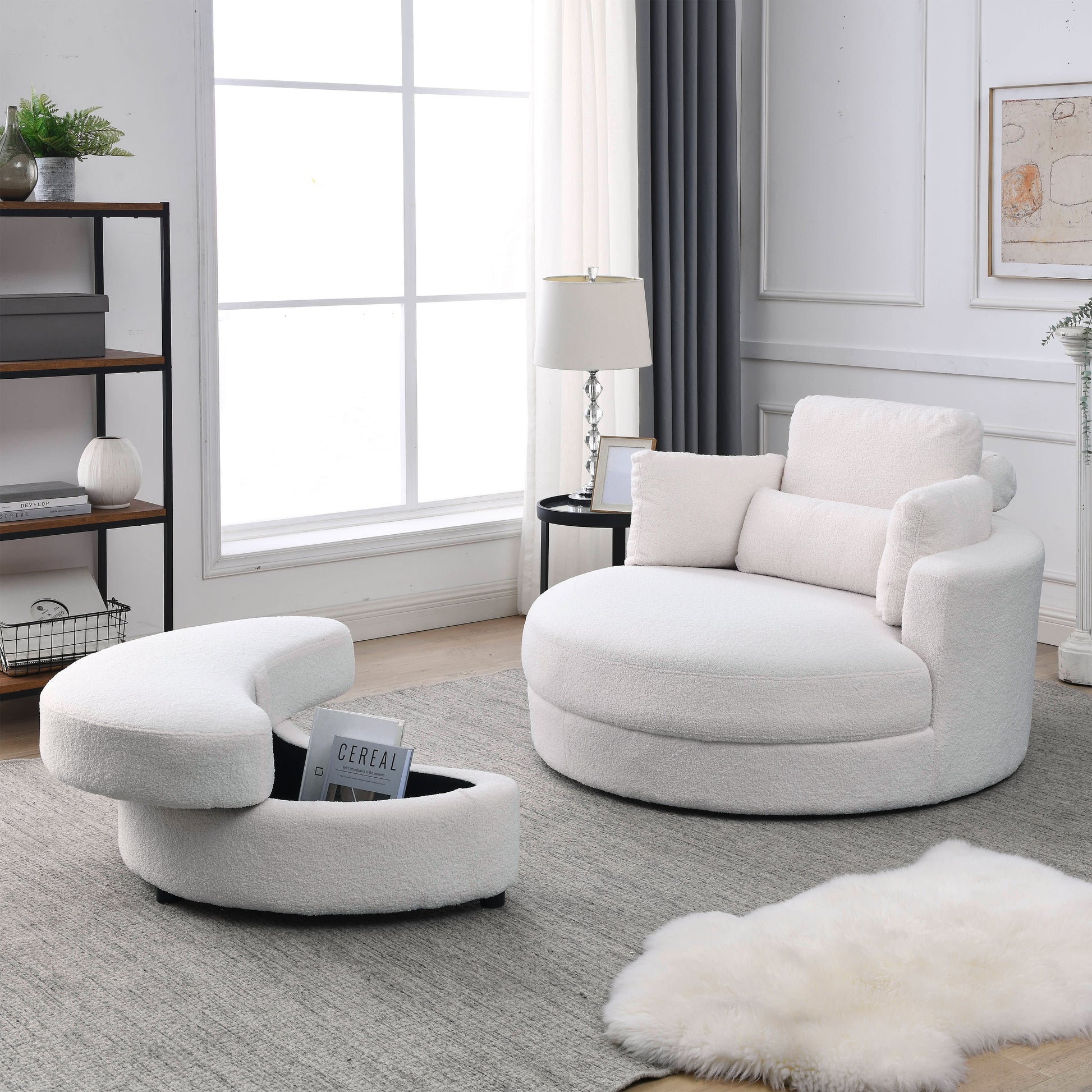 Video Welike Swivel Accent Barrel Modern Sofa Lounge Club Big Round Chair With Storage Ottoman Teddy Fabric For Living Room Hotel With Pillows. *2Pcs,Teddy White Ivory Ivory Foam Fabric