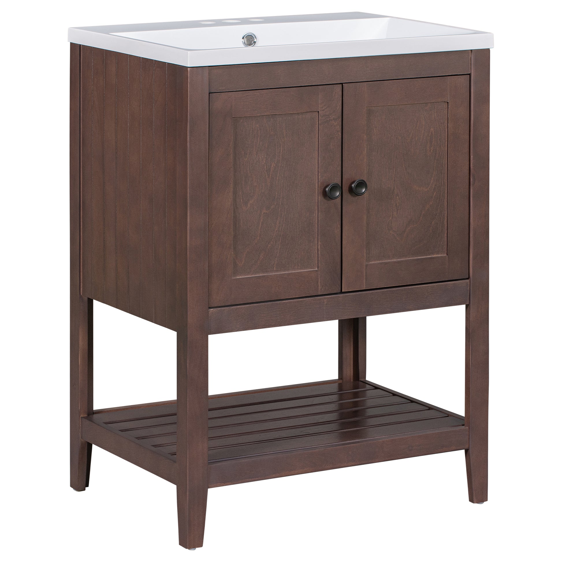 Video 24" Brown Modern Sleek Bathroom Vanity Elegant Ceramic Sink With Solid Wood Frame Open Style Shelf Old Sku: Jl000004Aad Brown Solid Wood Mdf