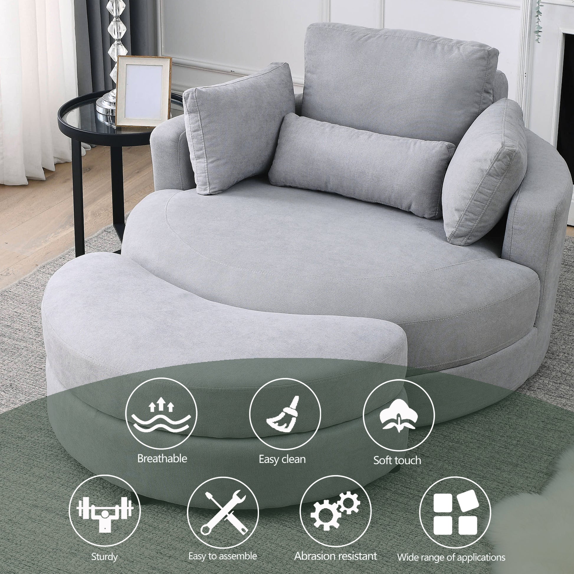 Video Welike Swivel Accent Barrel Modern Grey Sofa Lounge Club Big Round Chair With Storage Ottoman Linen Fabric For Living Room Hotel With Pillows .2Pcs Light Grey Foam Fabric